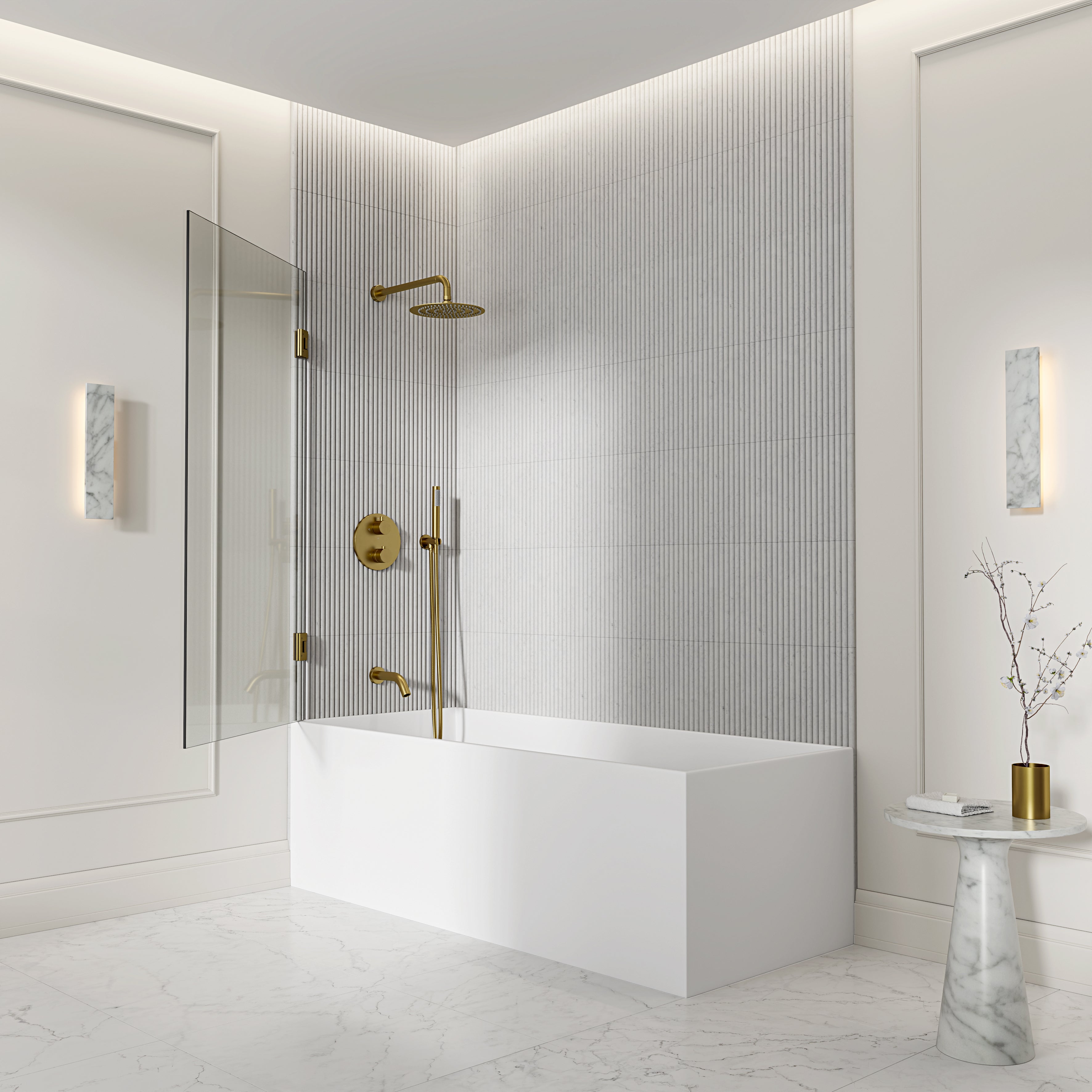 Chilton Frameless Bath Shower Screen 800mm with Brushed Gold Hinge