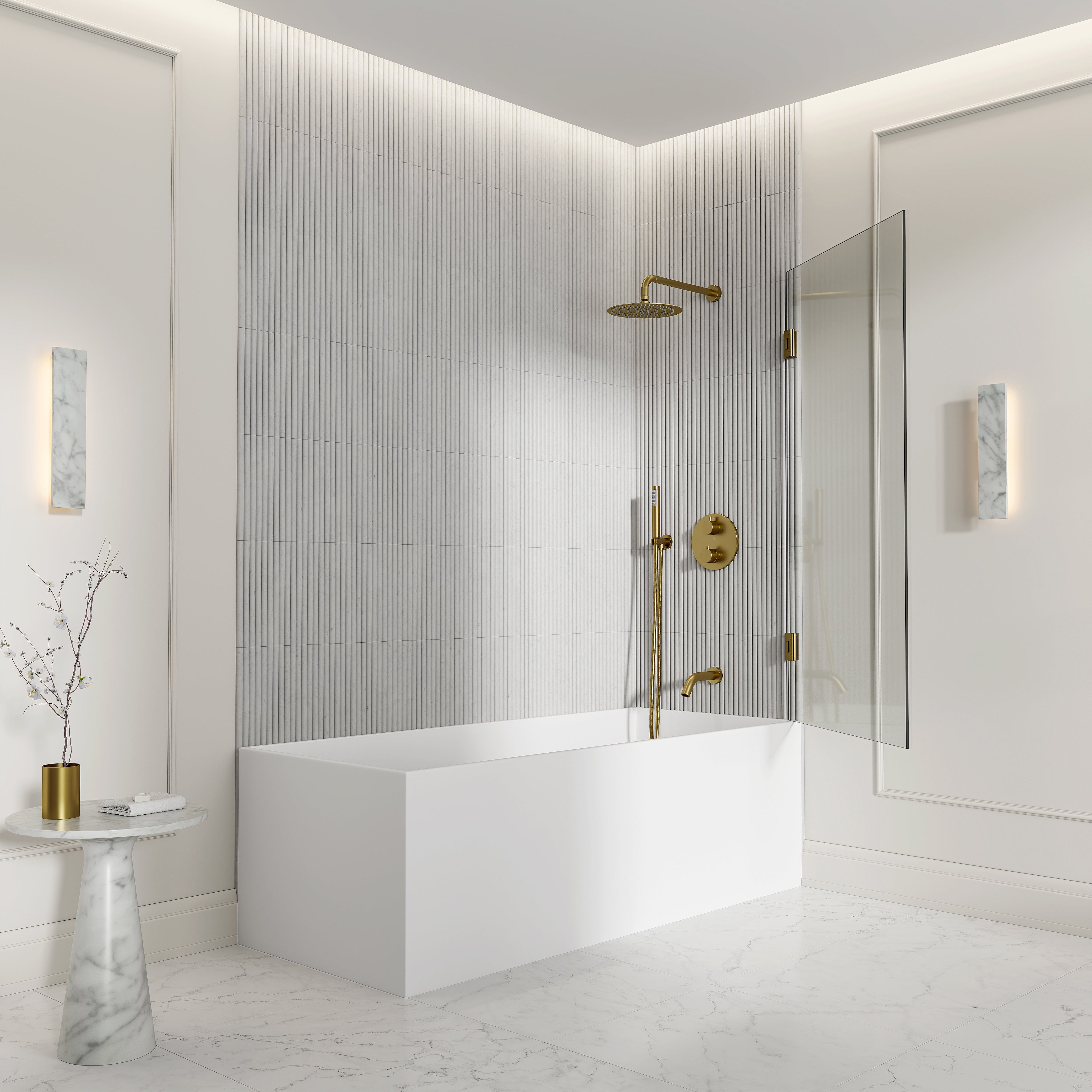 Chilton Frameless Bath Shower Screen 800mm with Brushed Gold Hinge