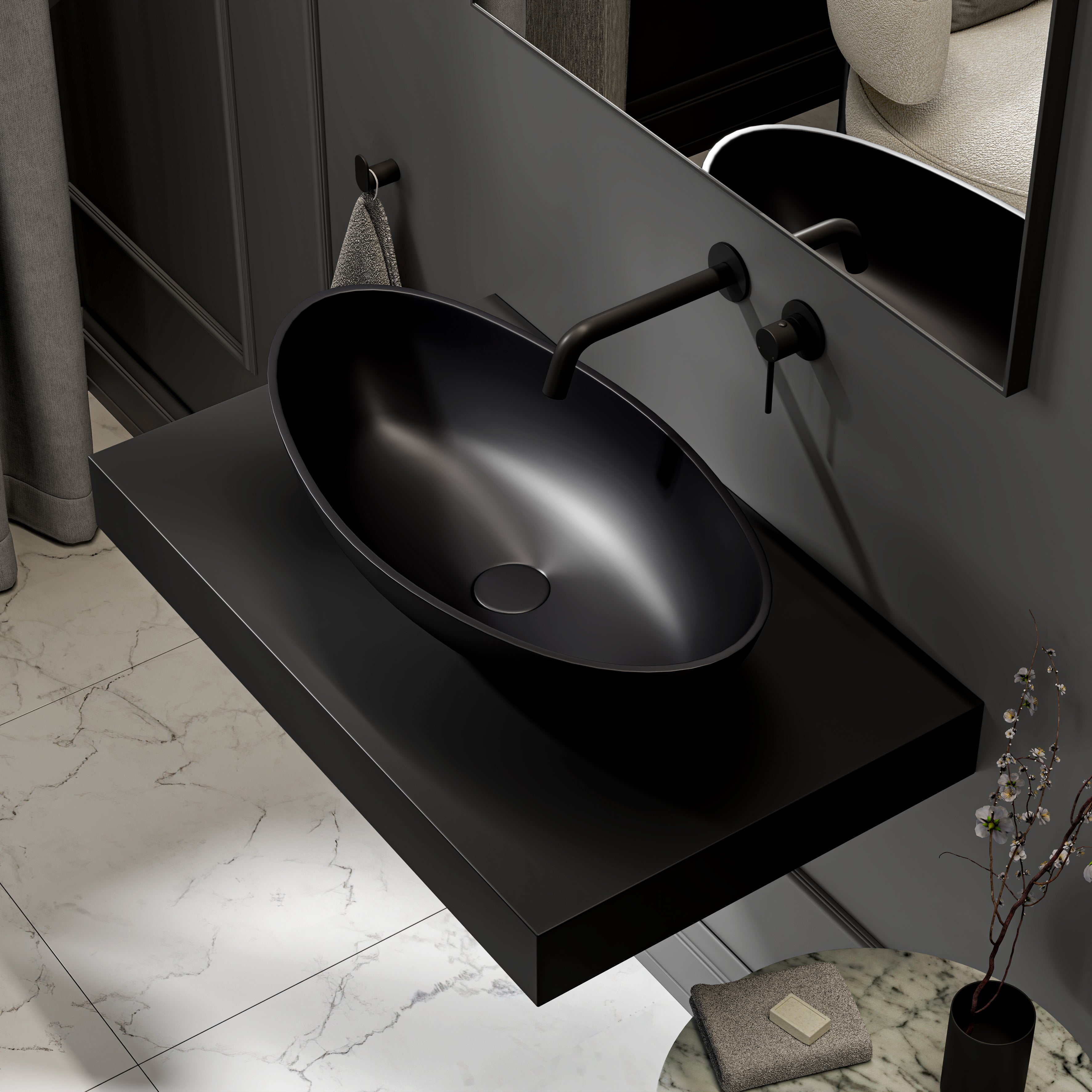 Burton Countertop Stone Basin 625mm Matte Black