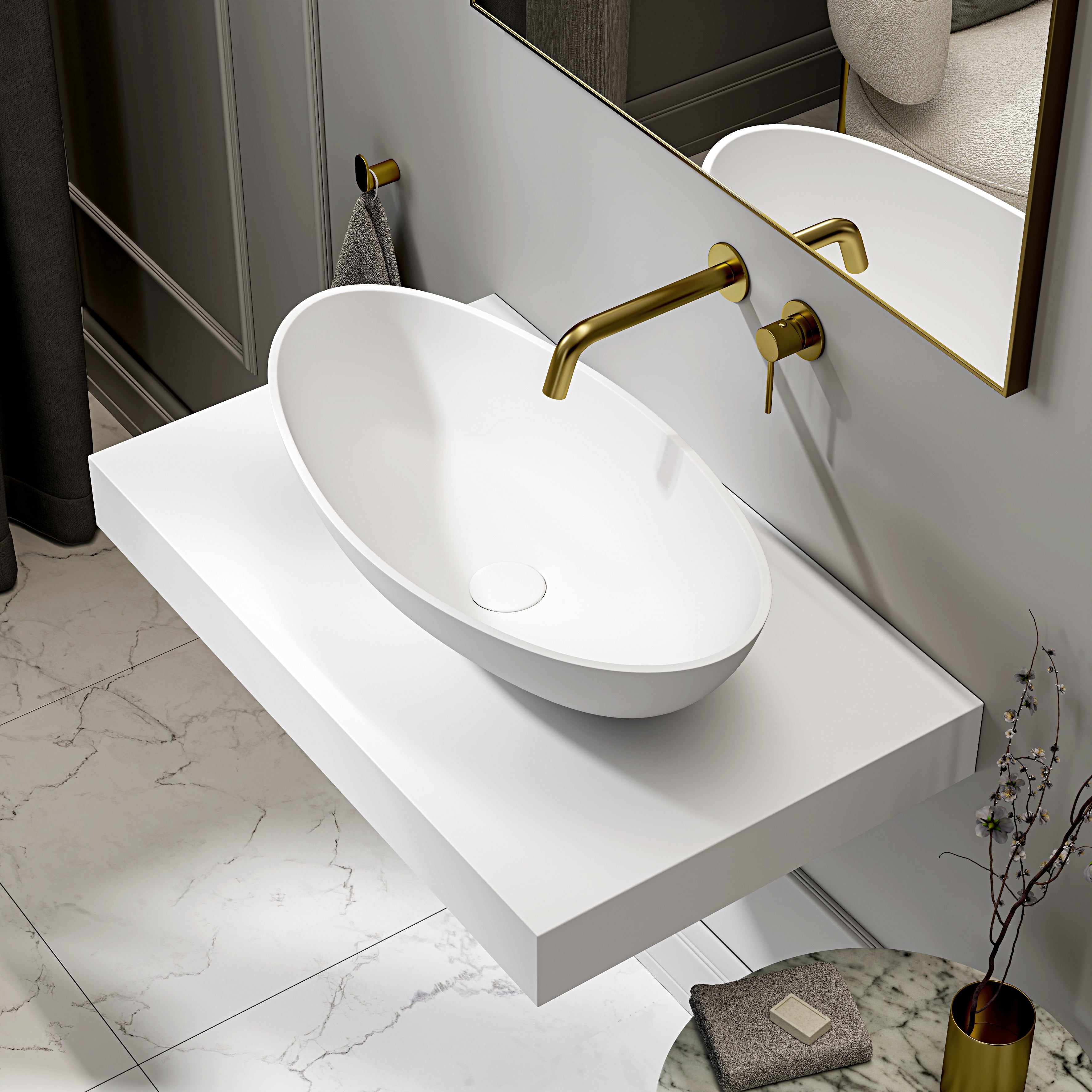 Burton Countertop Stone Basin 625mm White