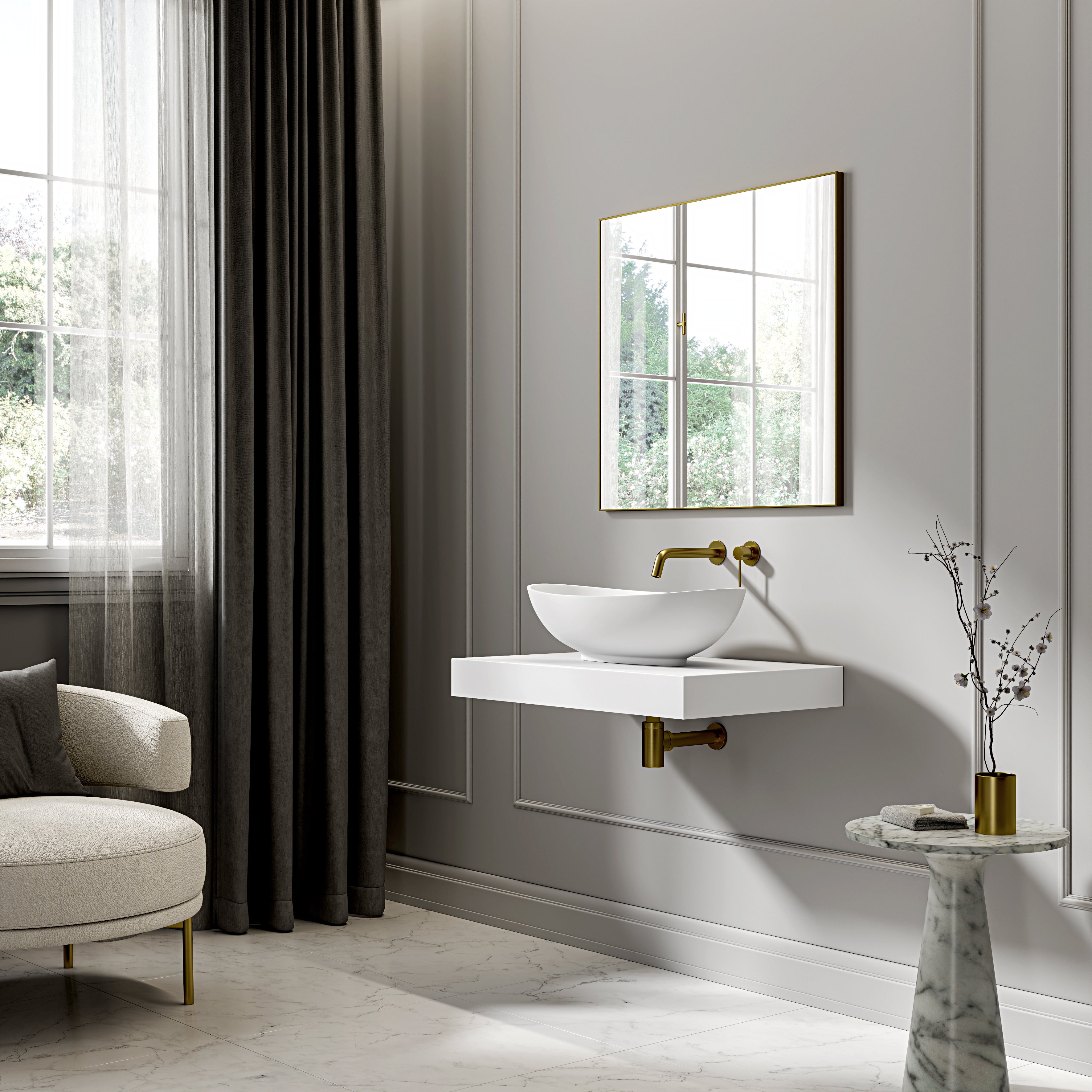 Burton Countertop Stone Basin 625mm White