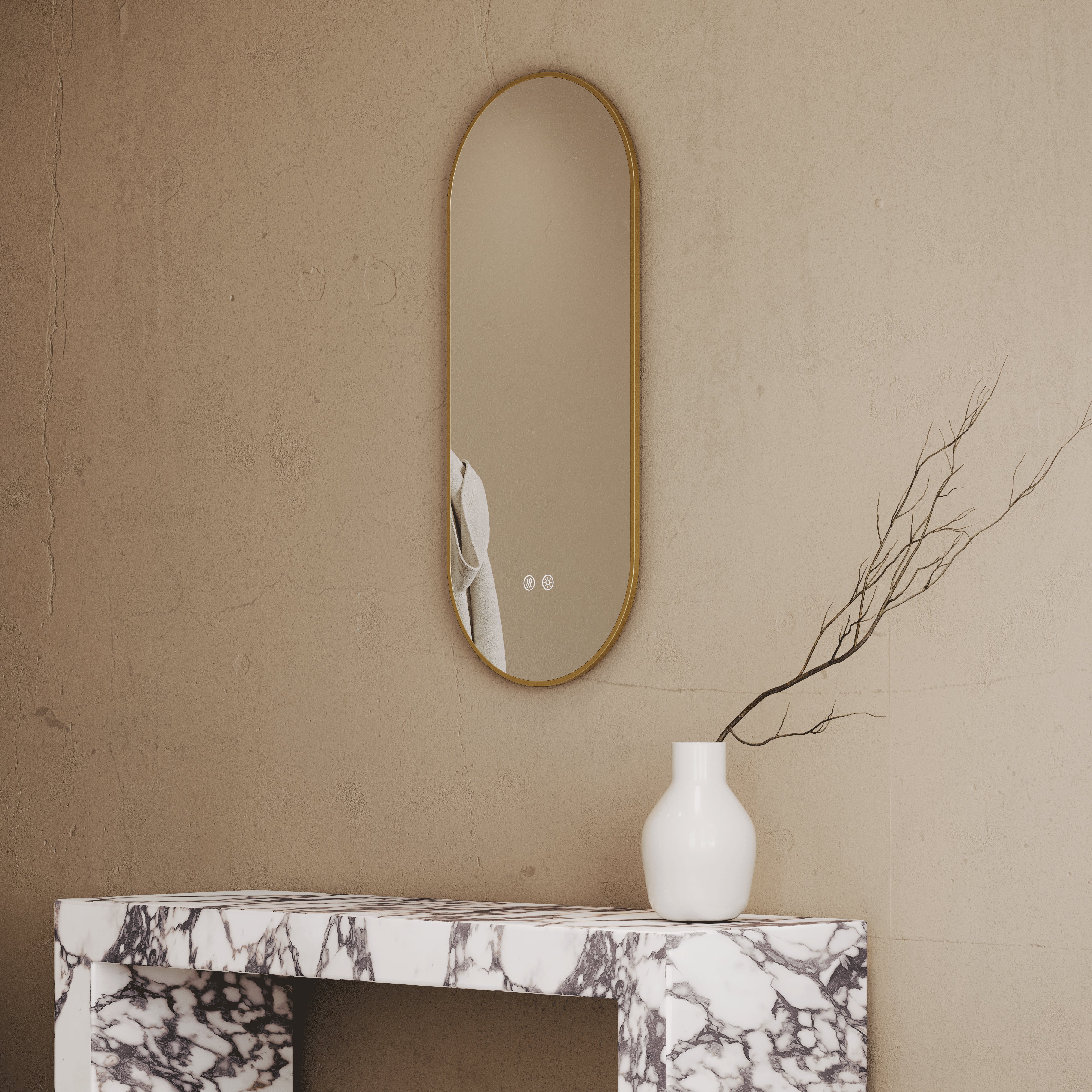 Cielo Brushed Gold Mirror With Natural White LED light and Demister 380mm