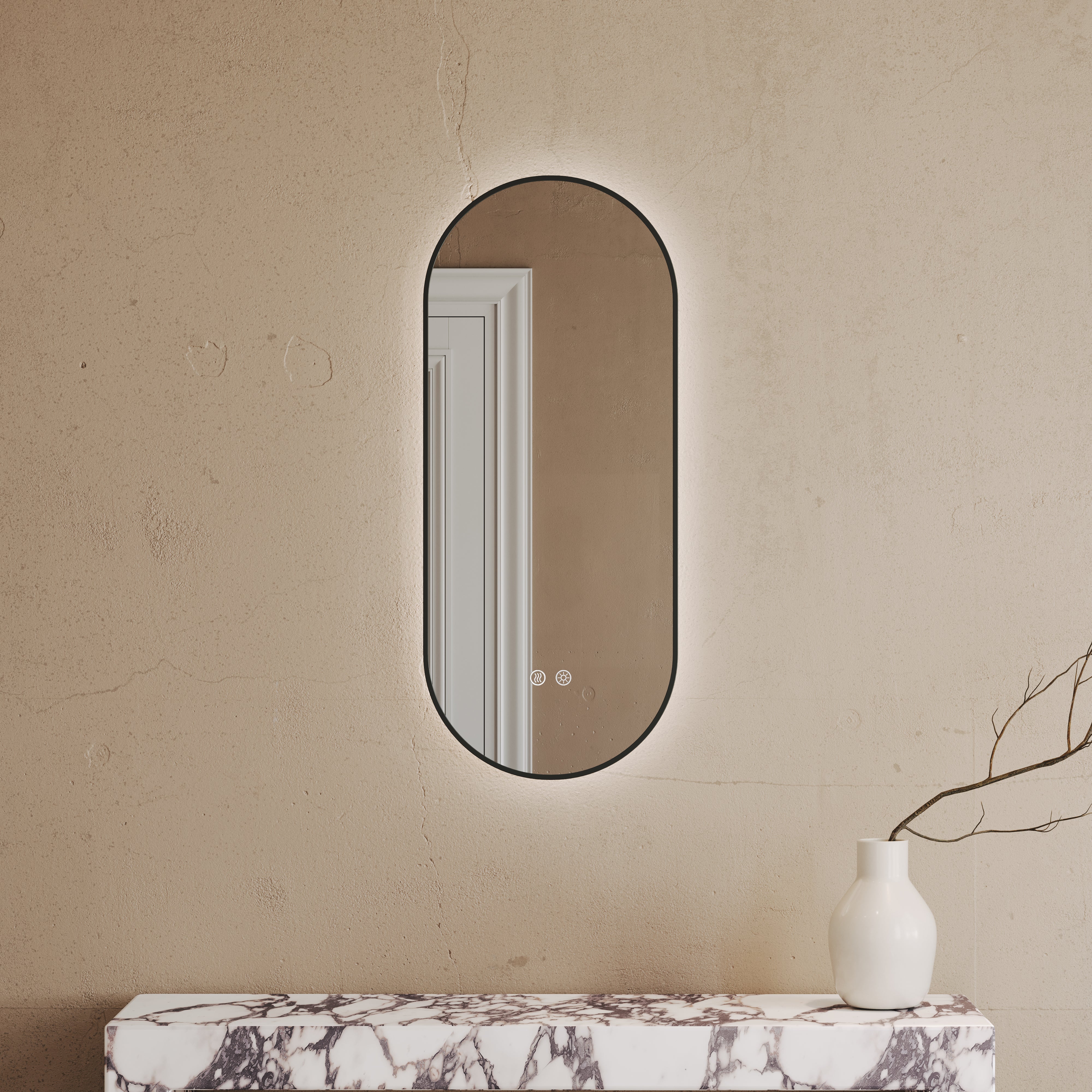 Cielo Matte Black Mirror With Natural White LED light and Demister 380mm