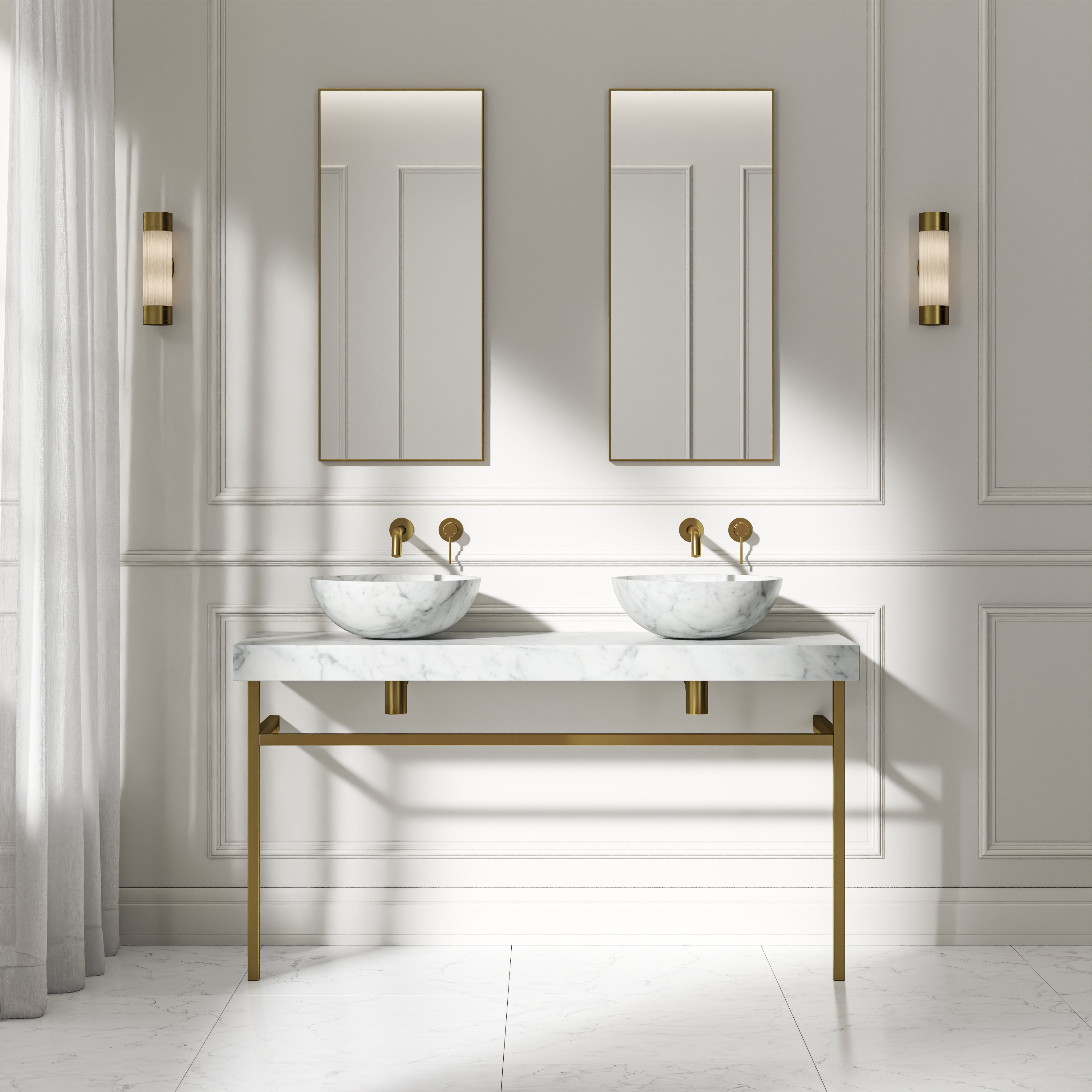 Capola Carrara Marble Countertop Brushed Gold Vanity Unit 1400mm