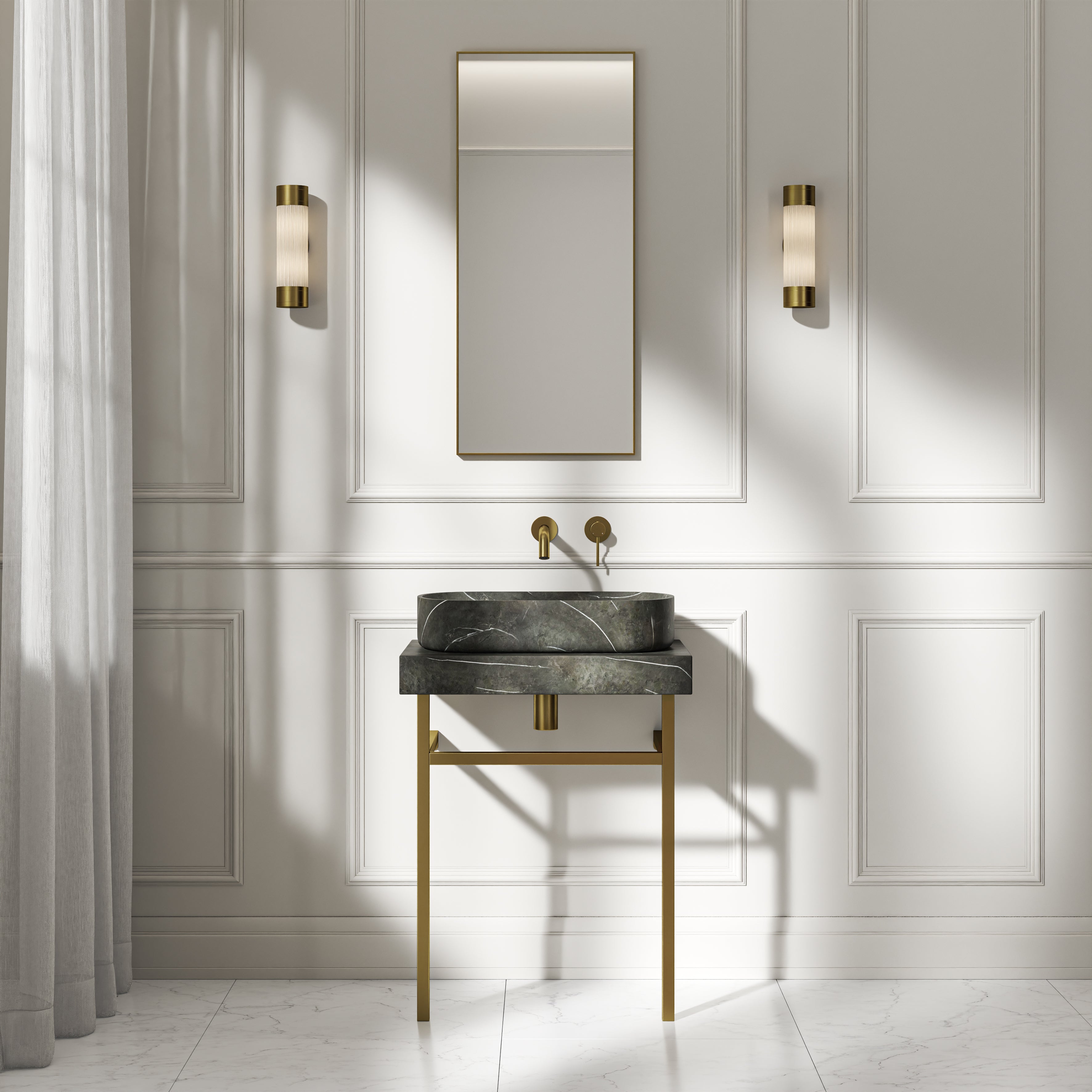 Capola Pietra Grey Marble Countertop Brushed Gold Vanity Unit 600mm
