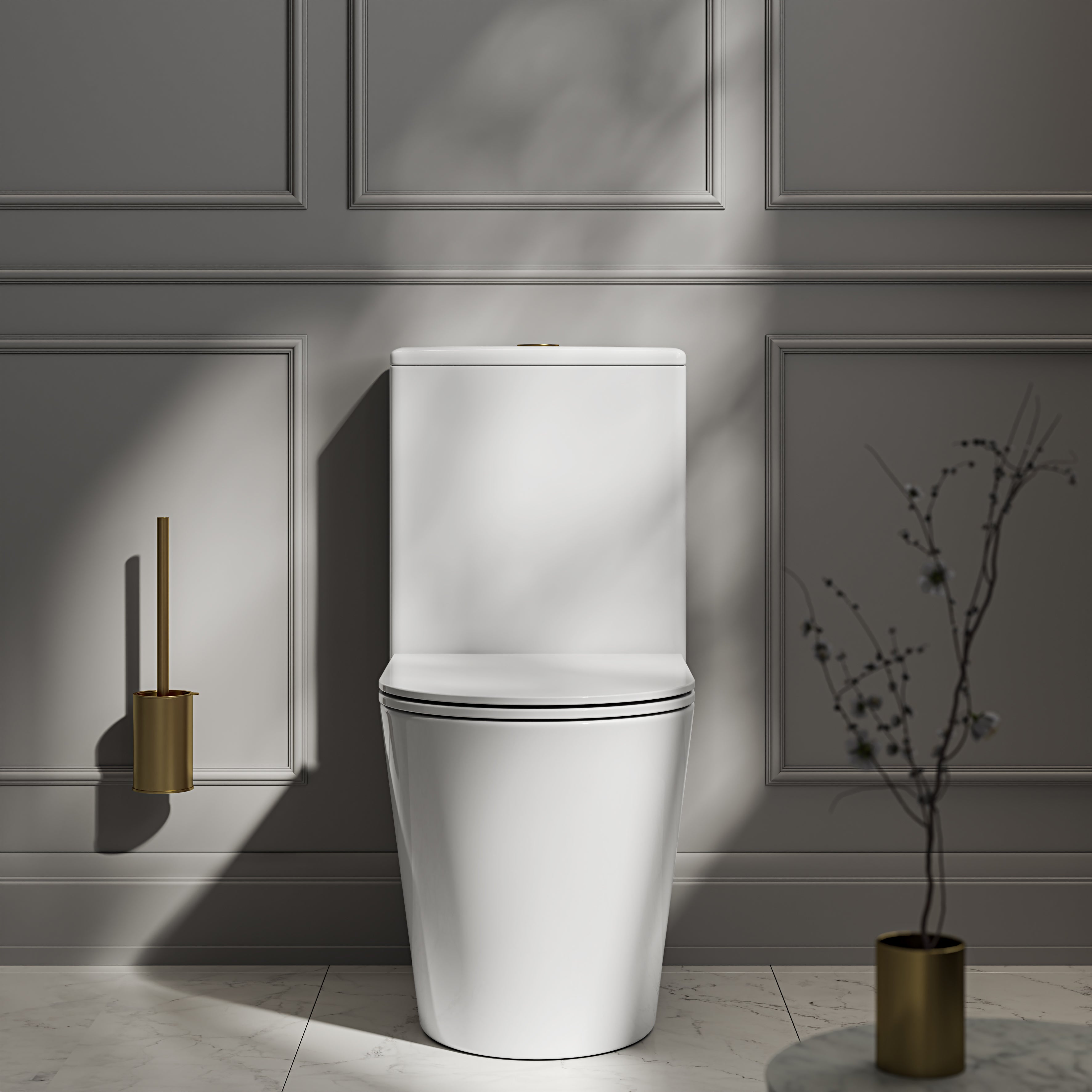 Nuvo Polished White Close Coupled Toilet with Brushed Gold Push Button