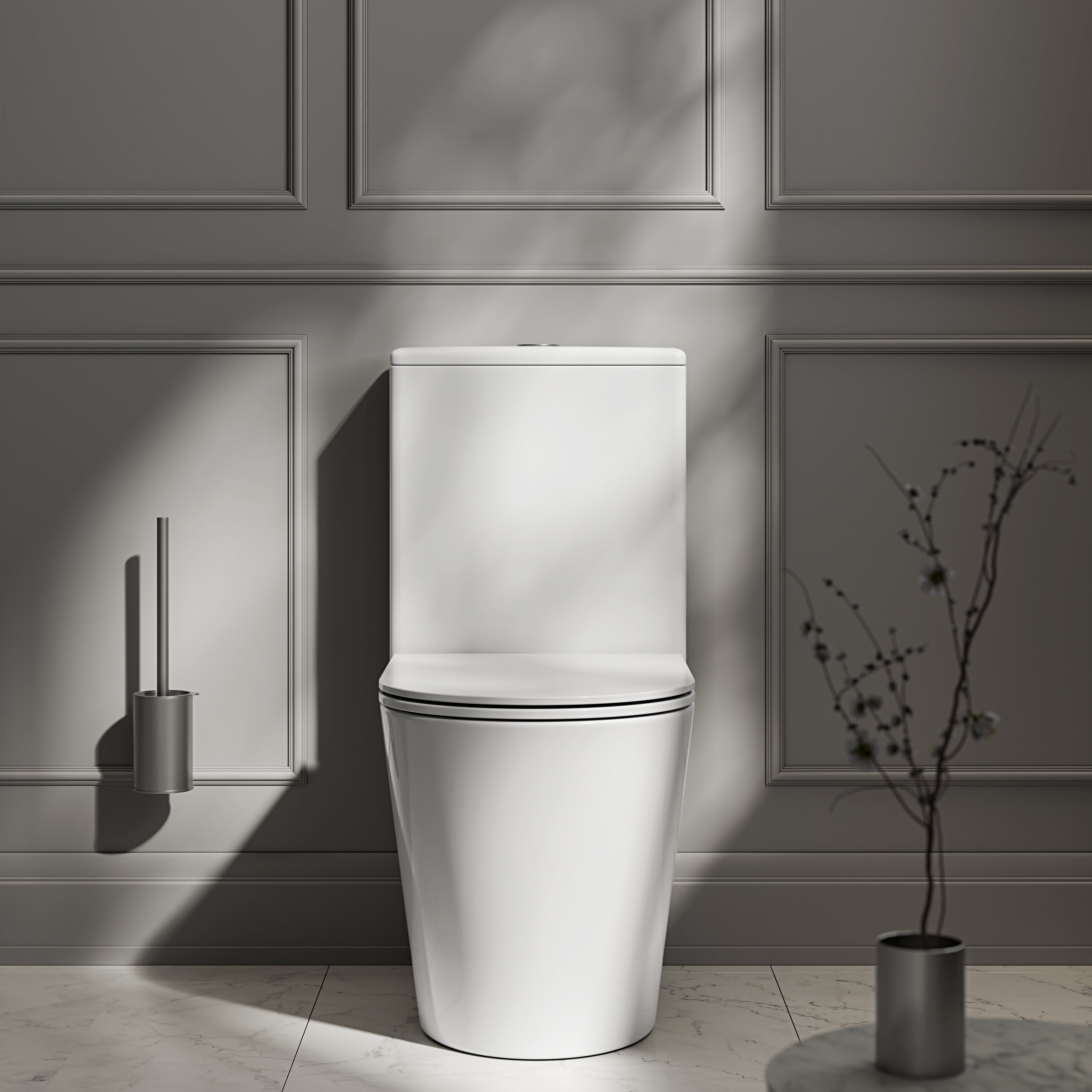 Nuvo Polished White Close Coupled Toilet with Brushed Stainless Push Button