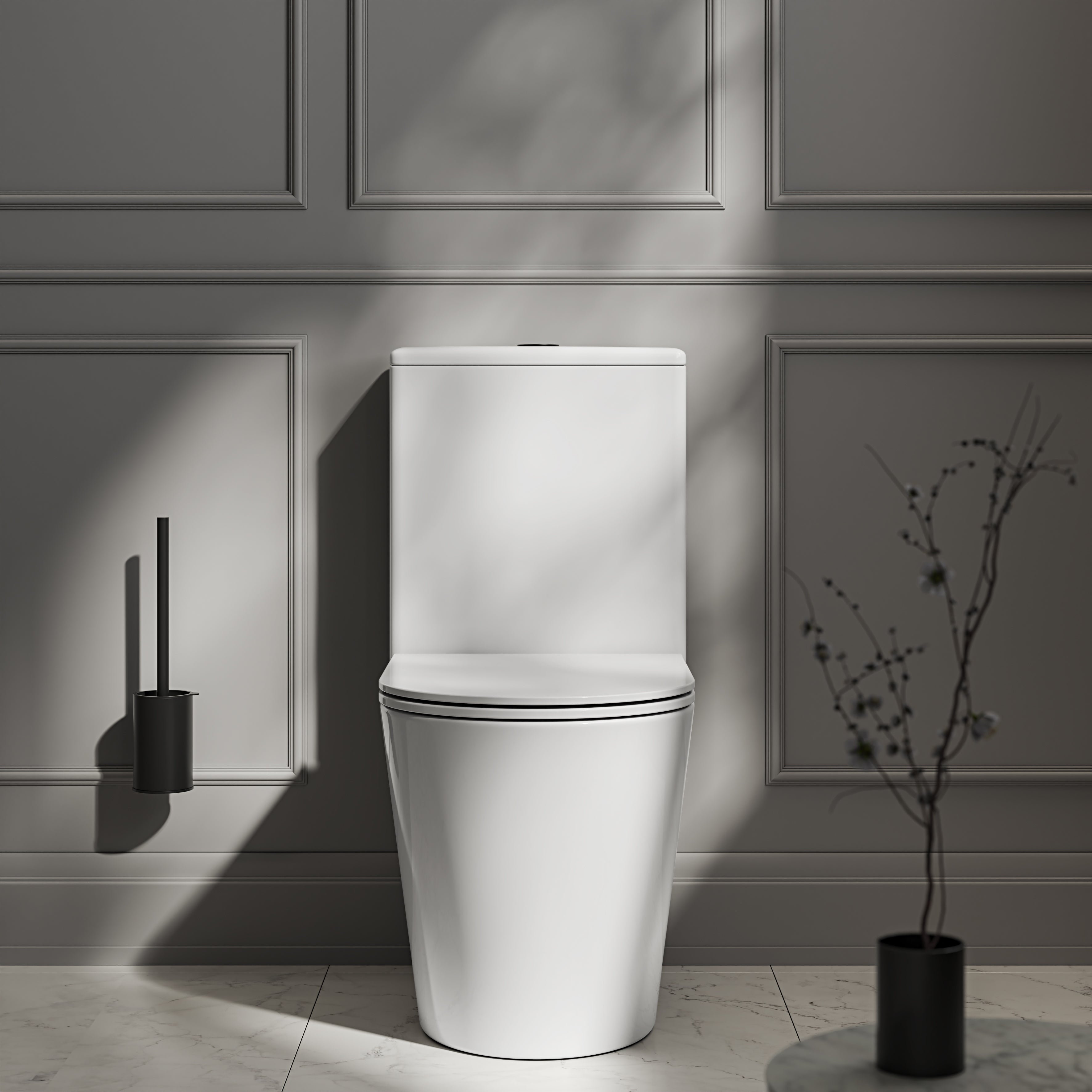 Nuvo Polished White Close Coupled Toilet with Matte Black Push Button