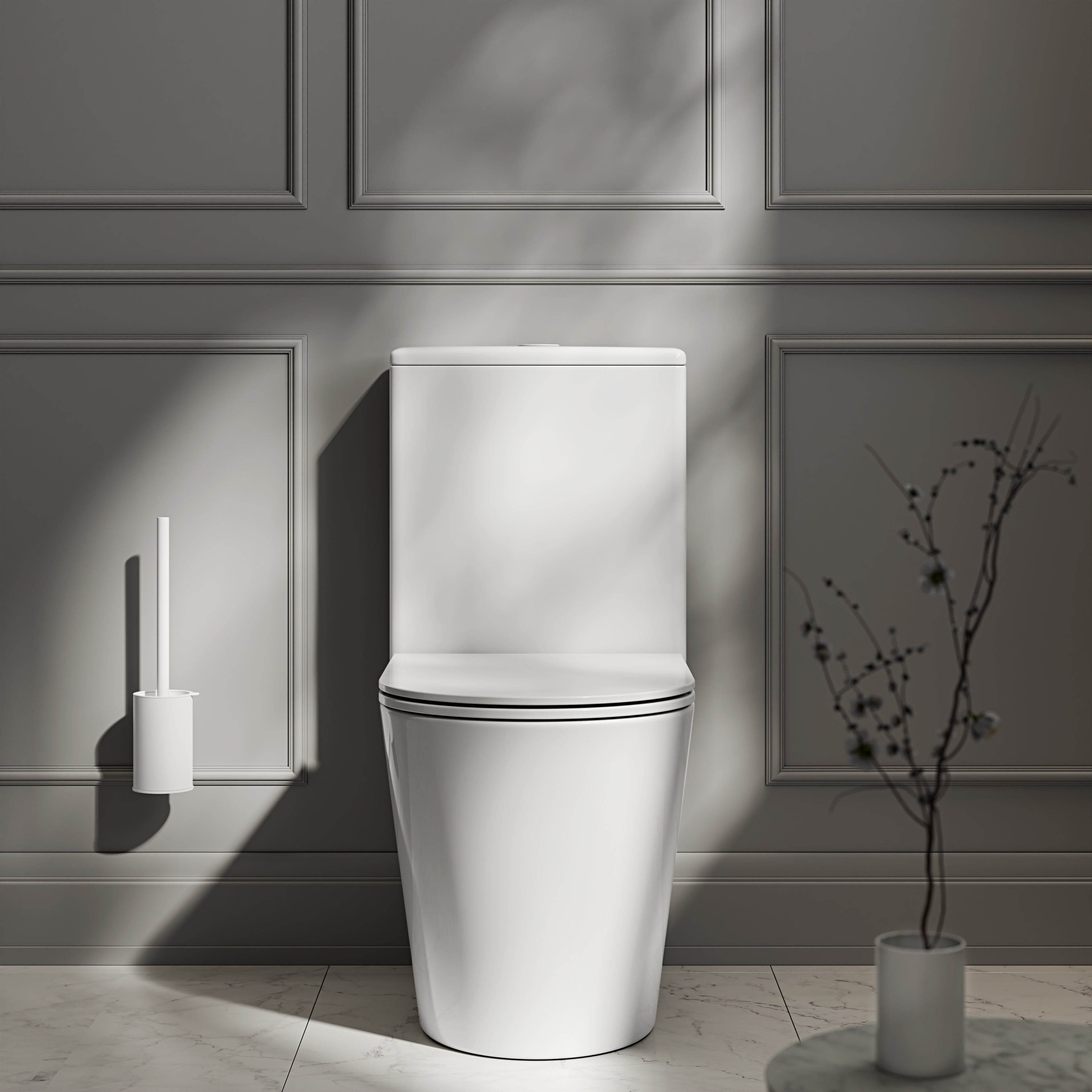 Nuvo Polished White Close Coupled Toilet with Matte White Push Button