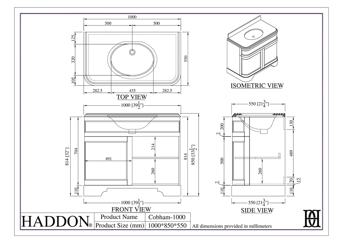 Cobham Carrara Marble Floorstanding Vanity Unit (Matte Olive) 1000mm – dimensions