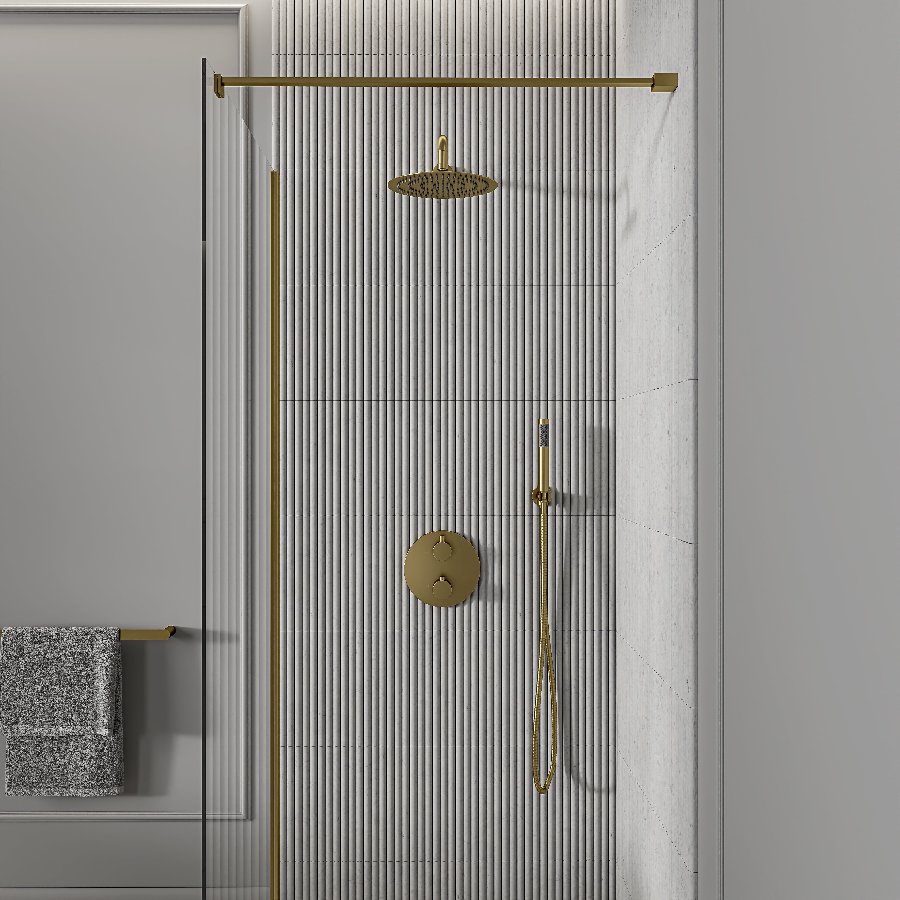 Nuvo Brushed Gold Thermostatic Shower With Handheld Shower