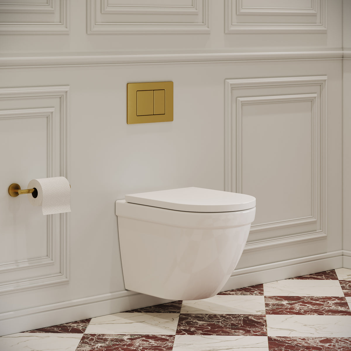 Eton Traditional Wall Hung Rimless White Toilet with Concealed Cistern Frame & Brushed Gold Flush Plate