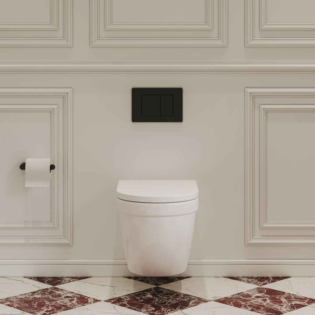 Eton Traditional Wall Hung Rimless White Toilet with Concealed Cistern Frame & Matte Black Flush Plate