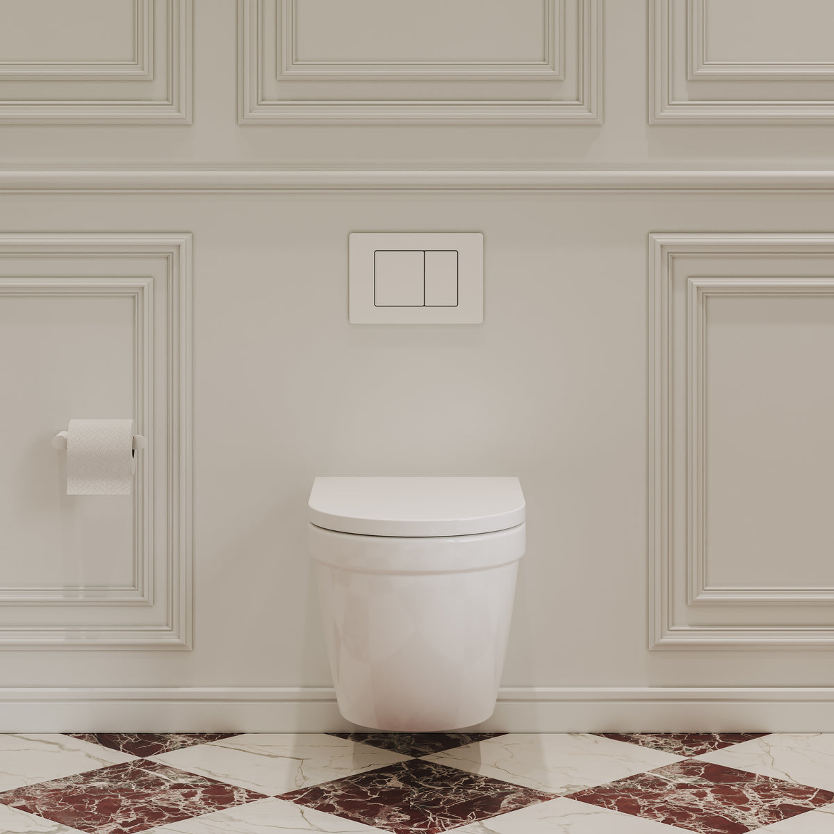 Eton Traditional Wall Hung Rimless White Toilet with Concealed Cistern Frame & Matte White Flush Plate