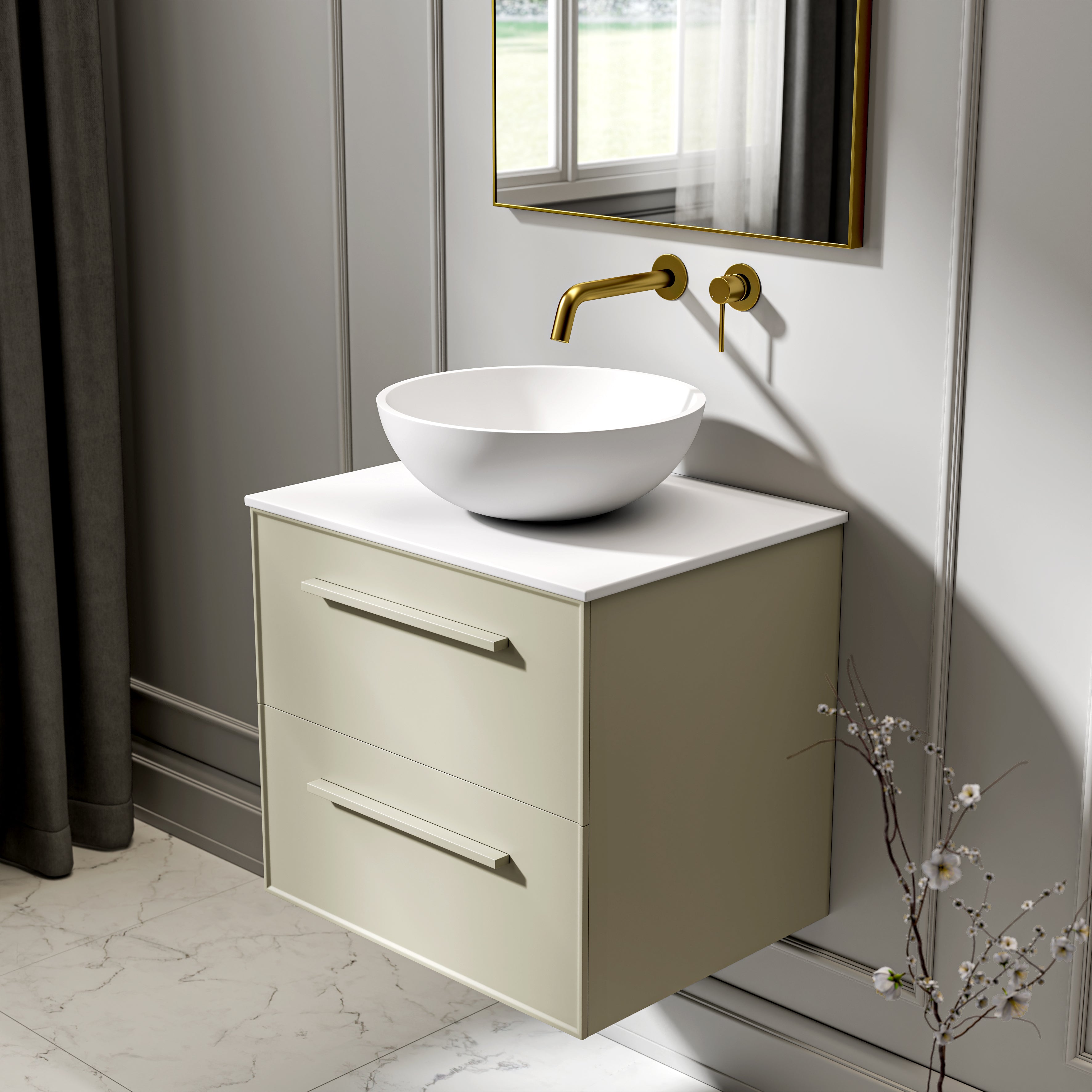 Farringdon Vanity Unit with Stone Countertop (Matte Olive 600mm)