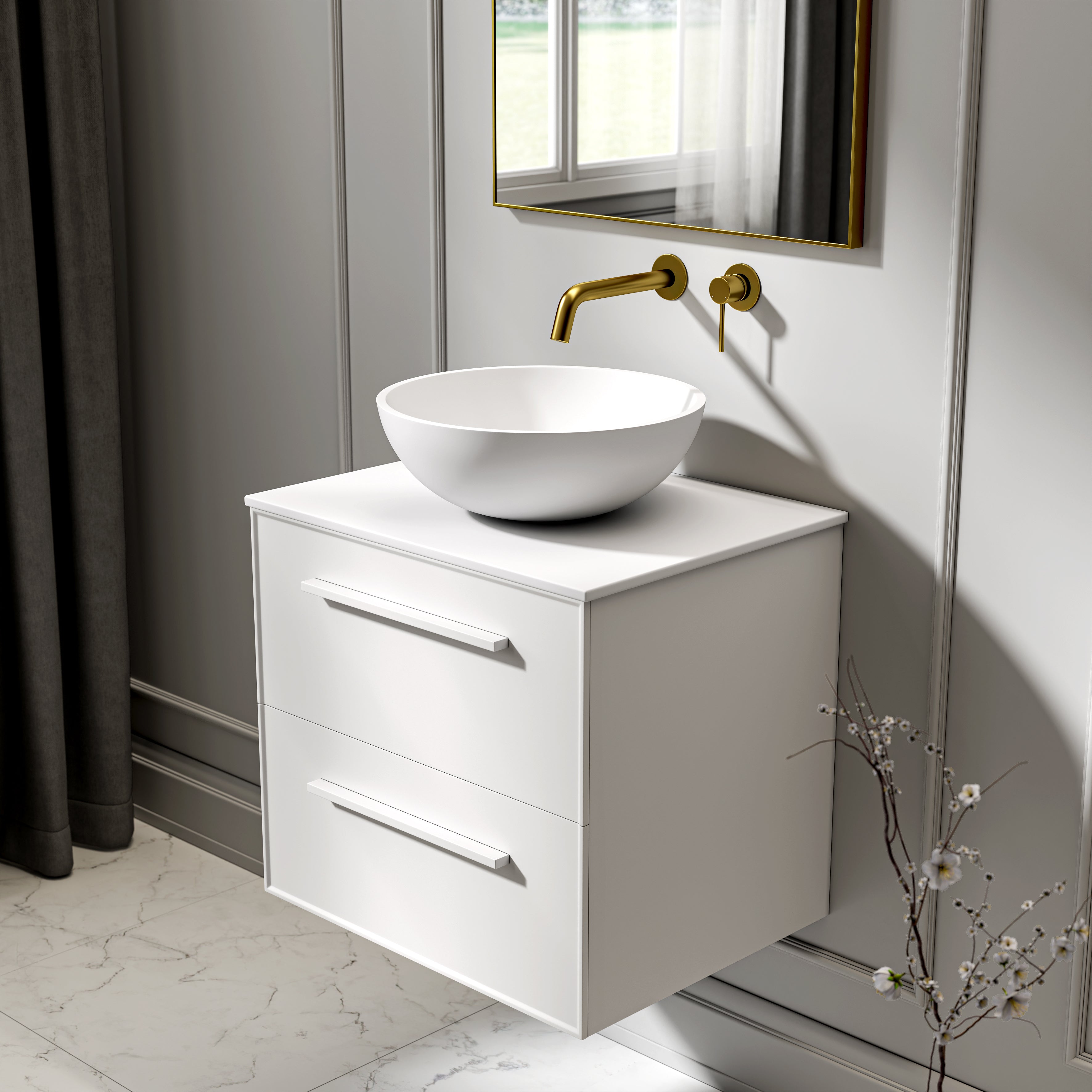 Farringdon Vanity Unit with Stone Countertop (Matte White 600mm)