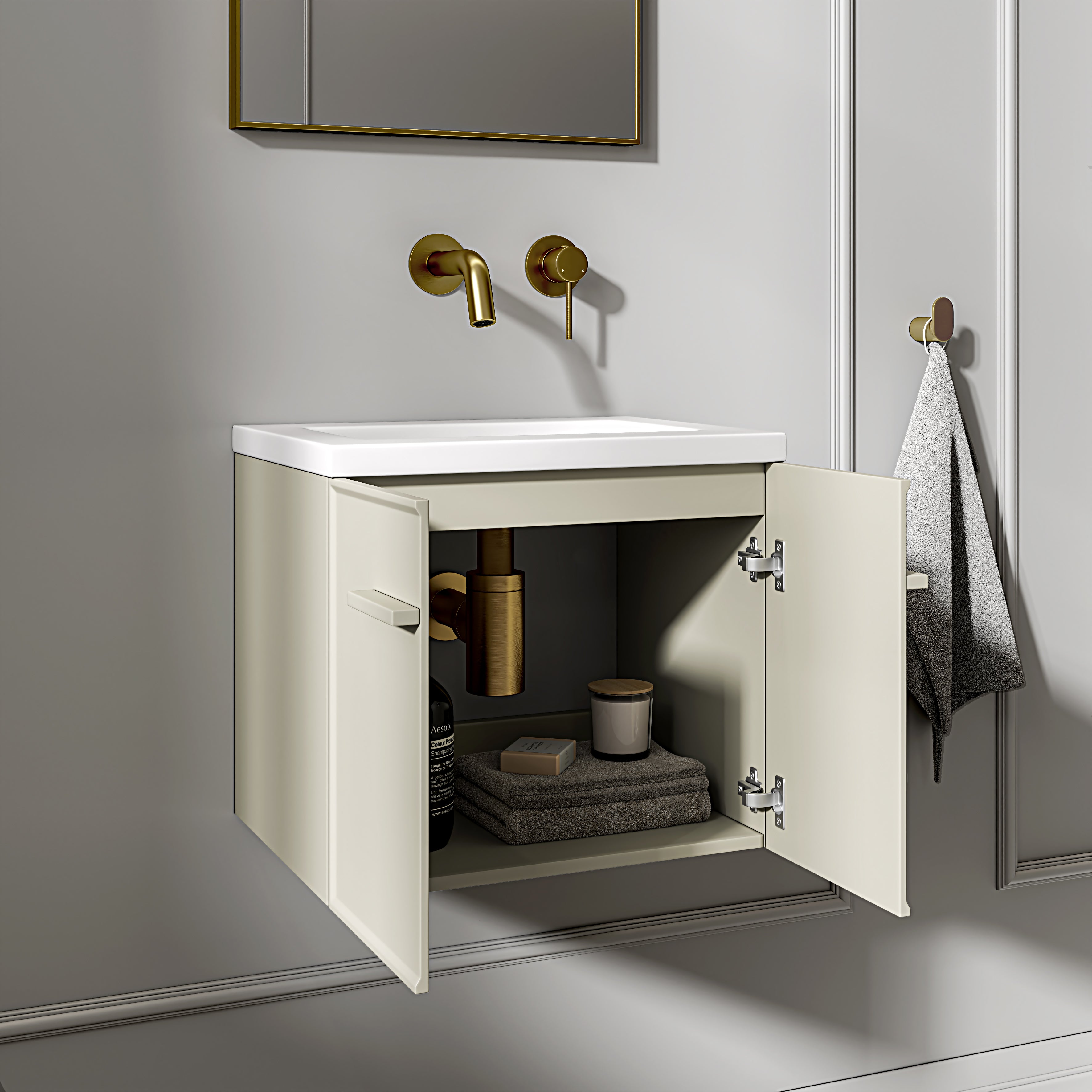 Farringdon Mini Cloakroom Vanity Unit with Stone Basin (Matte Olive 400mm)