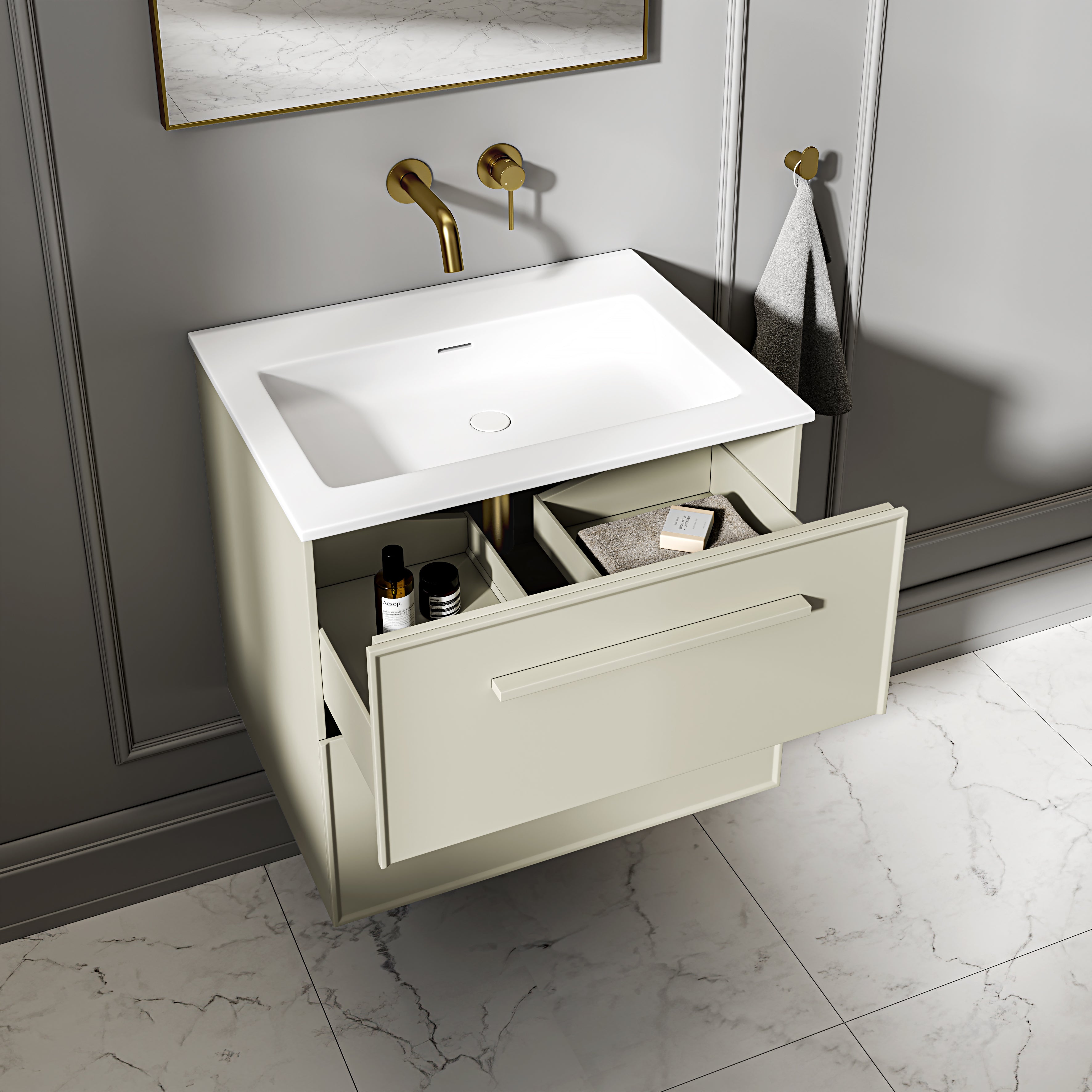 Farringdon Vanity Unit with Stone Basin (Matte Olive 600mm)