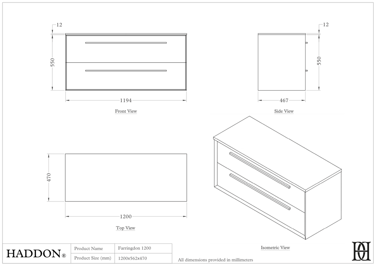 Farringdon Vanity Unit with Stone Countertop (Matte Cappuccino 1200mm) – dimensions