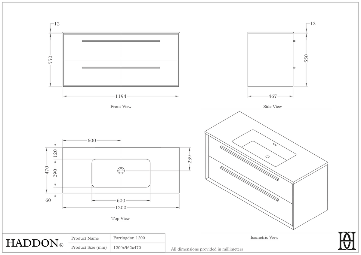 Farringdon Vanity Unit with Stone Basin (Matte Anthracite 1200mm) – dimensions