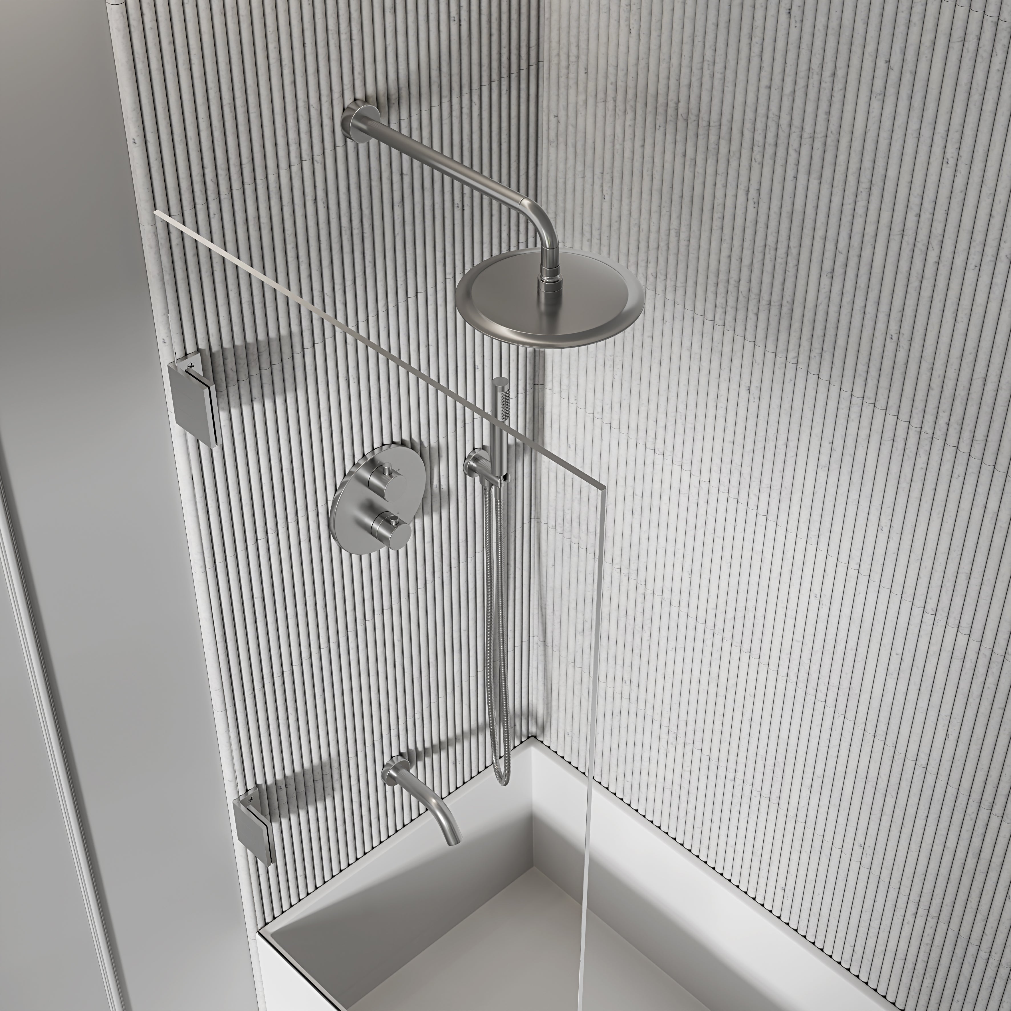 Nuvo Brushed Stainless 3-Way Thermostatic Shower With Handheld Shower & Bath Spout