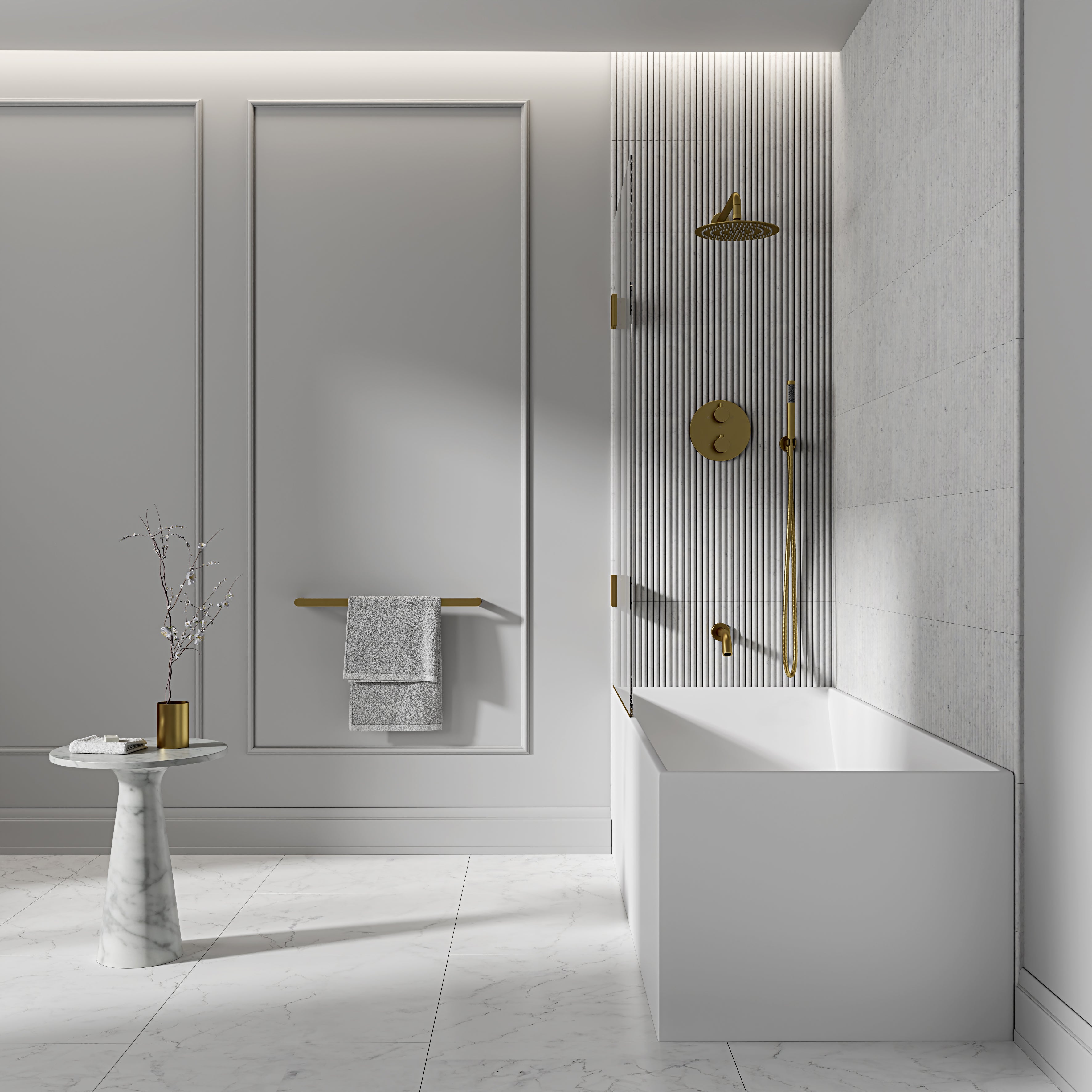 Nuvo Brushed Gold 3-Way Thermostatic Shower With Handheld Shower & Bath Spout