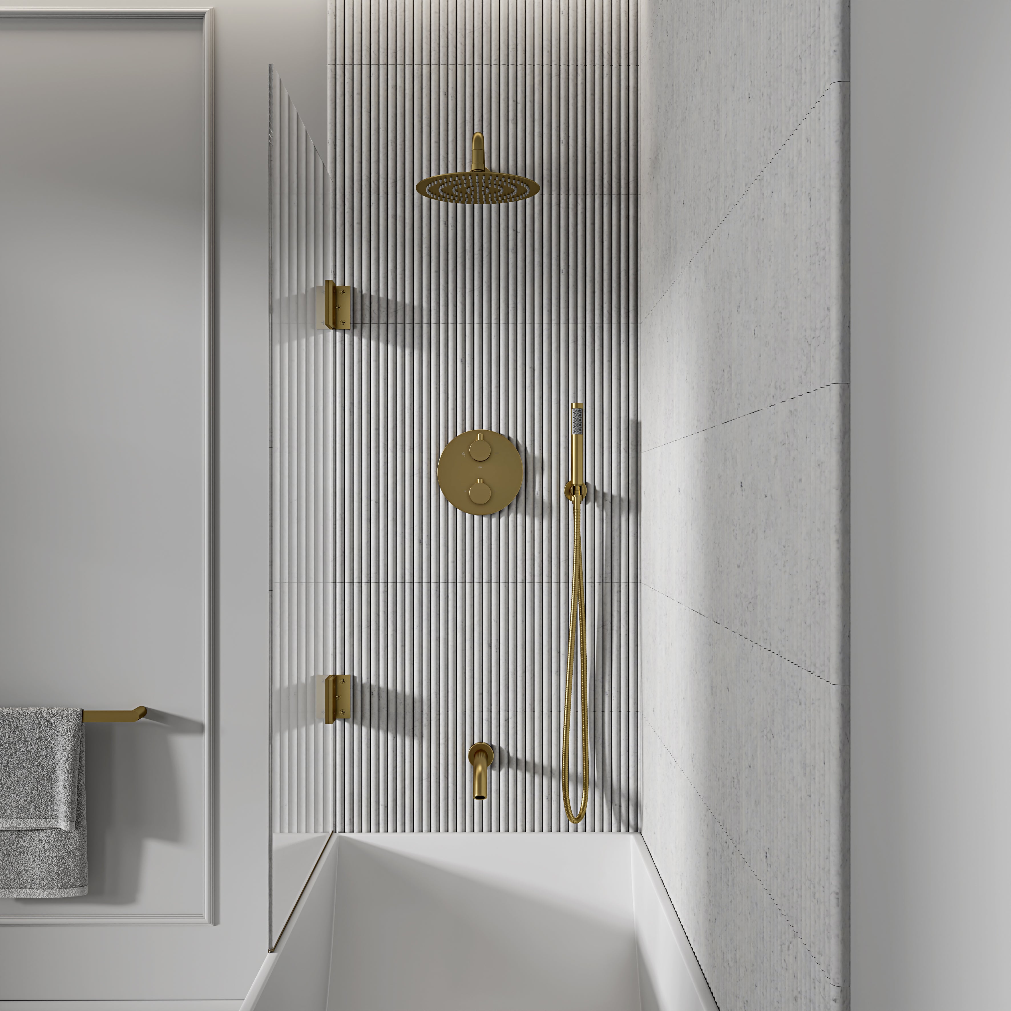 Nuvo Brushed Gold 3-Way Thermostatic Shower With Handheld Shower & Bath Spout