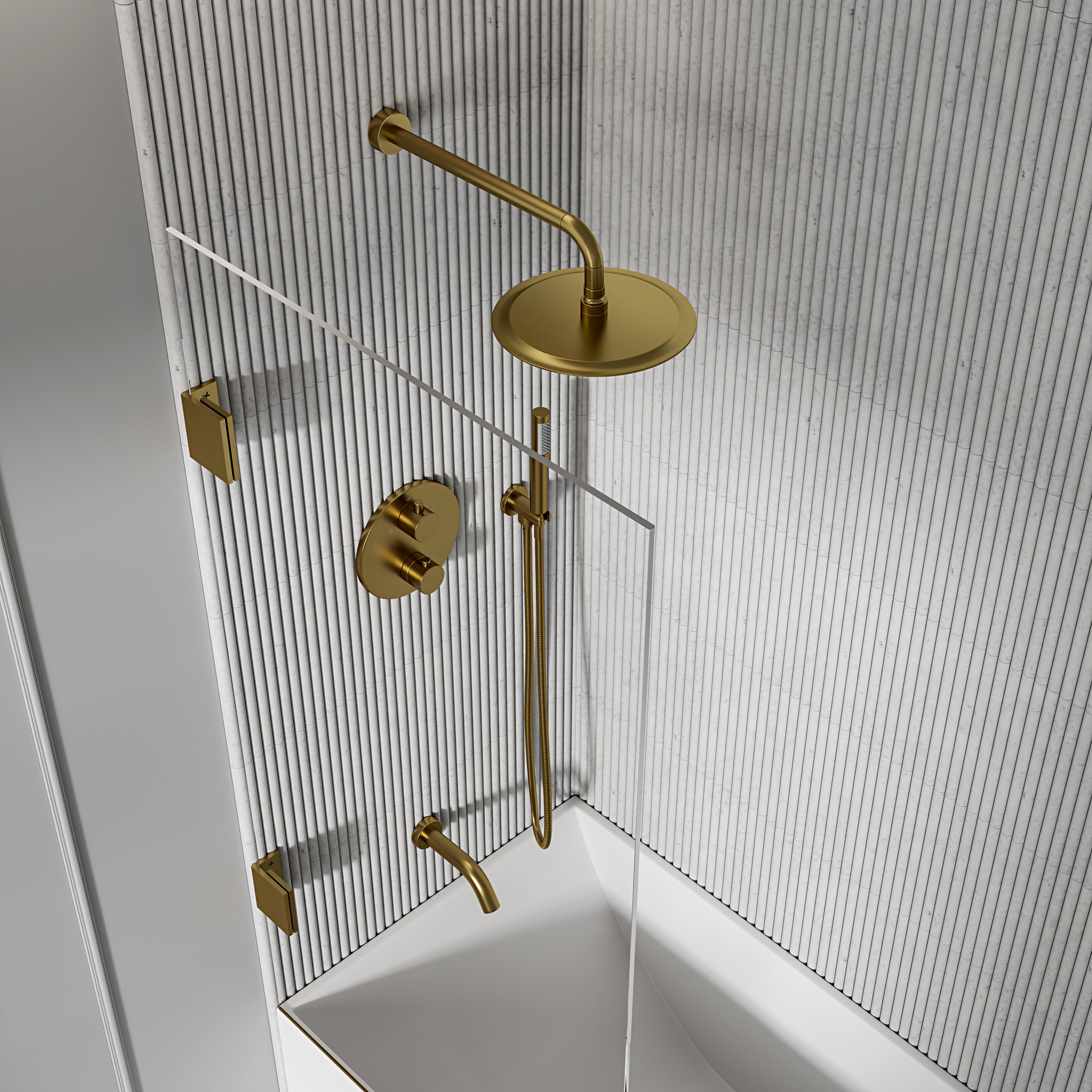 Nuvo Brushed Gold 3-Way Thermostatic Shower With Handheld Shower & Bath Spout