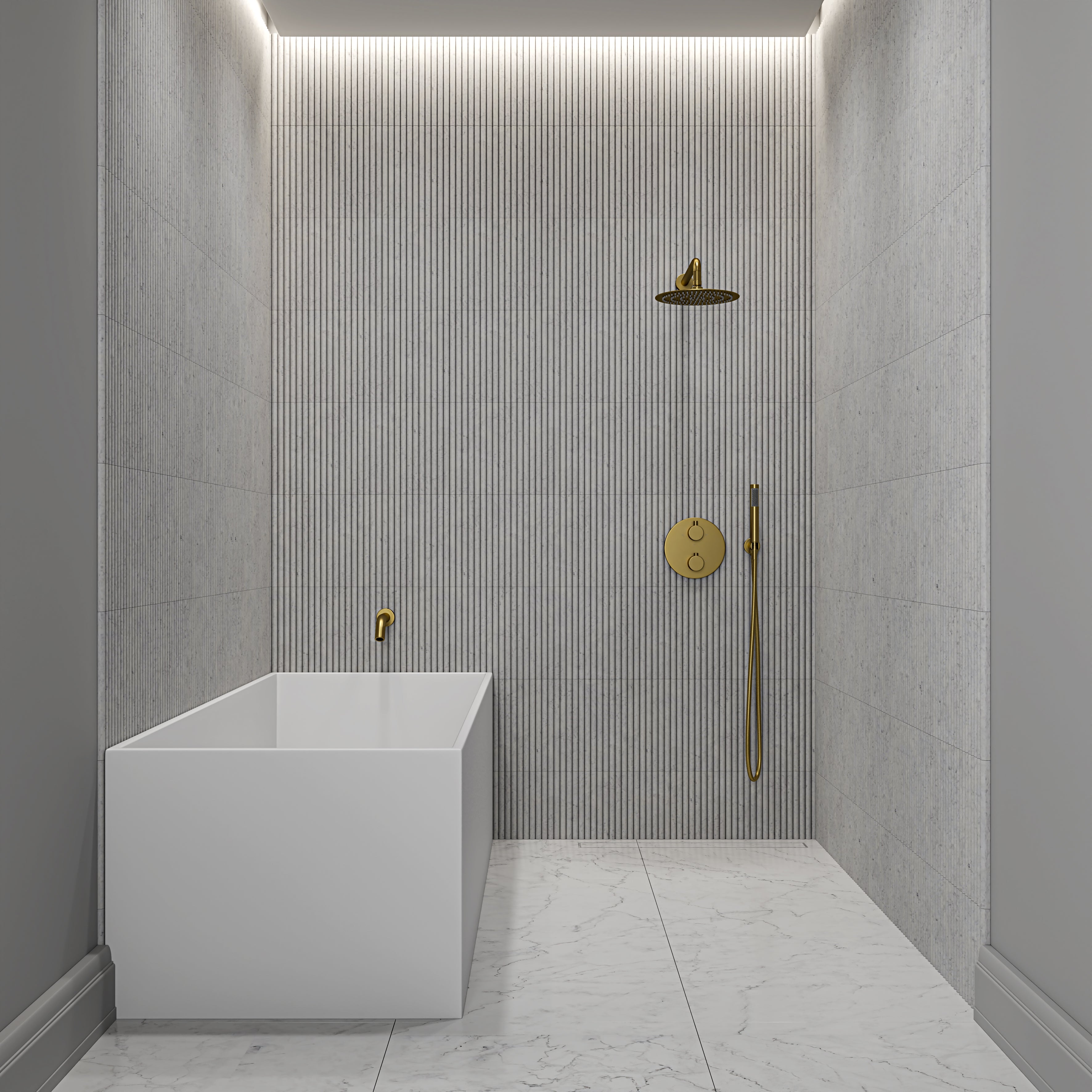 Nuvo Brushed Gold 3-Way Thermostatic Shower With Handheld Shower & Bath Spout