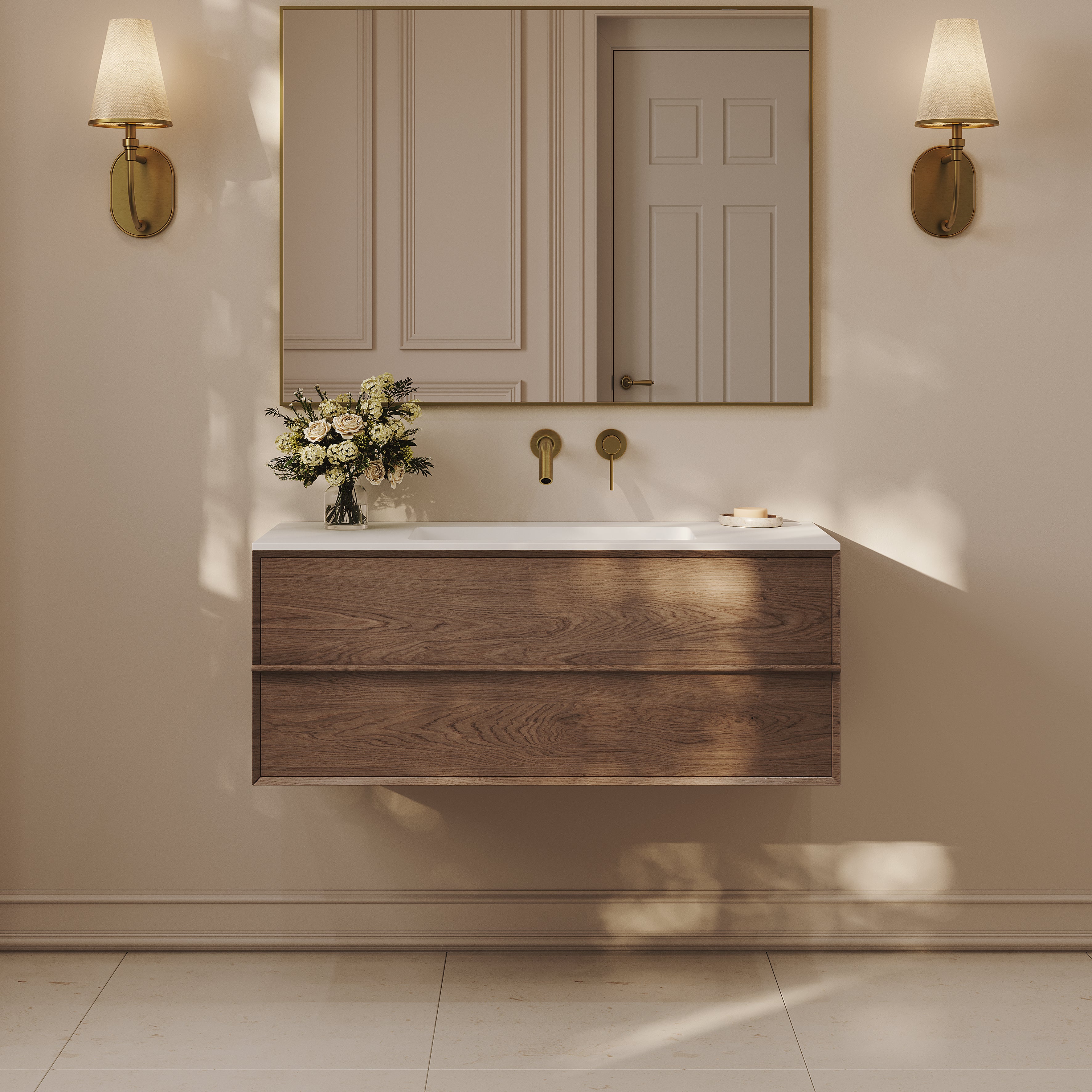 Kingham Vanity Unit with Stone Basin (Walnut 1000mm)