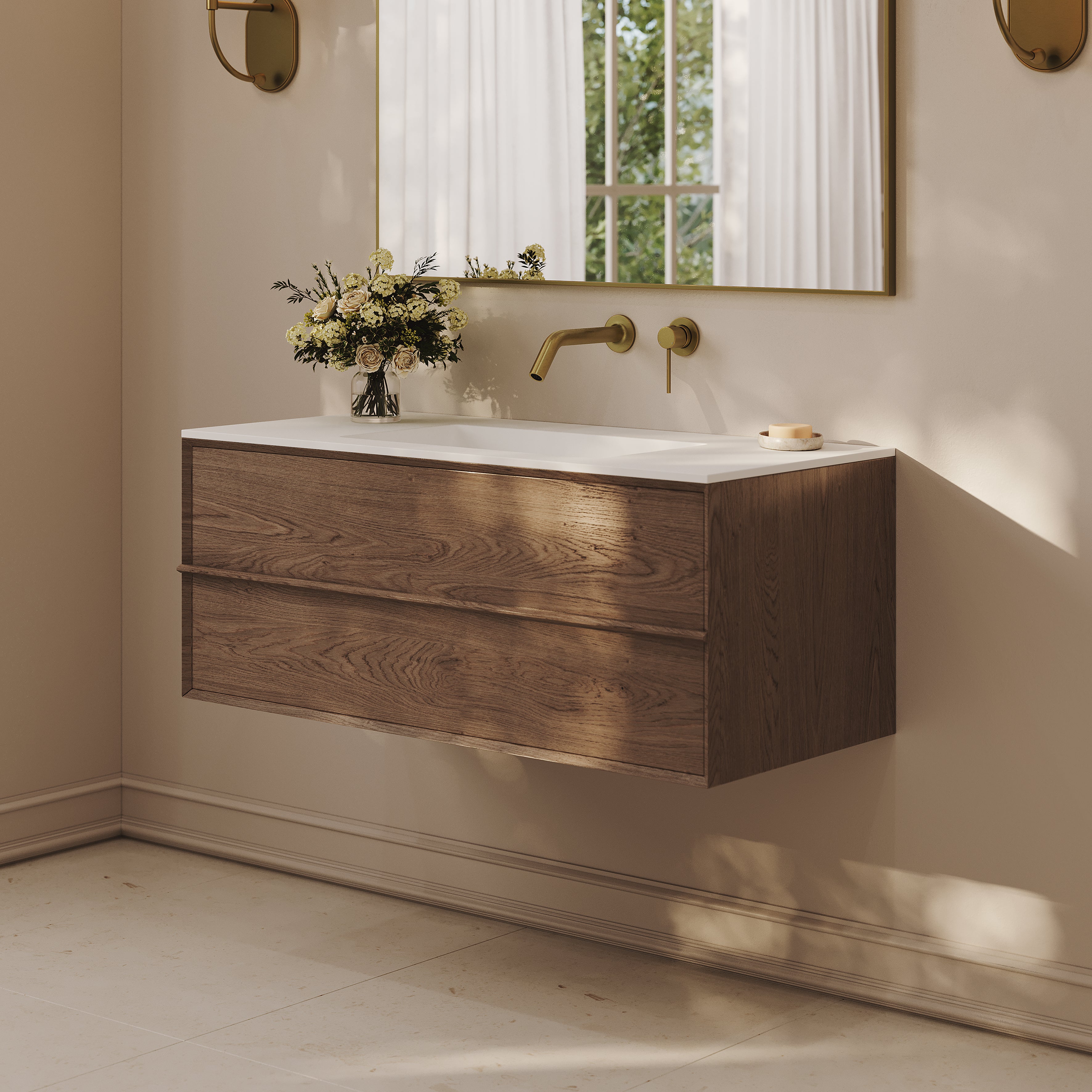 Kingham Vanity Unit with Stone Basin (Walnut 1000mm)