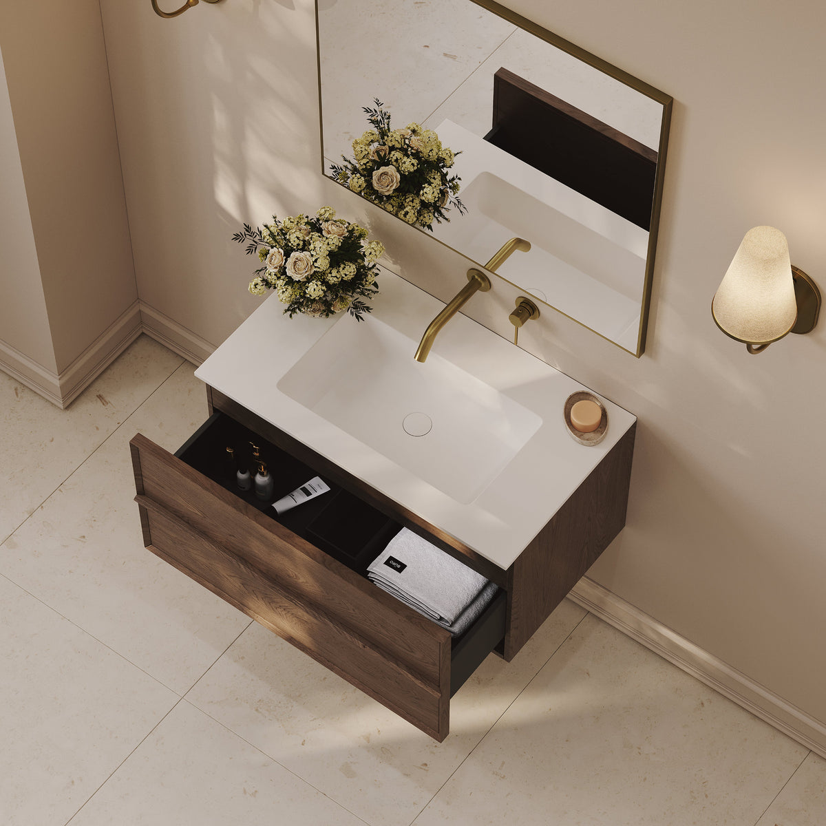 Kingham Vanity Unit with Stone Basin (Walnut 800mm)