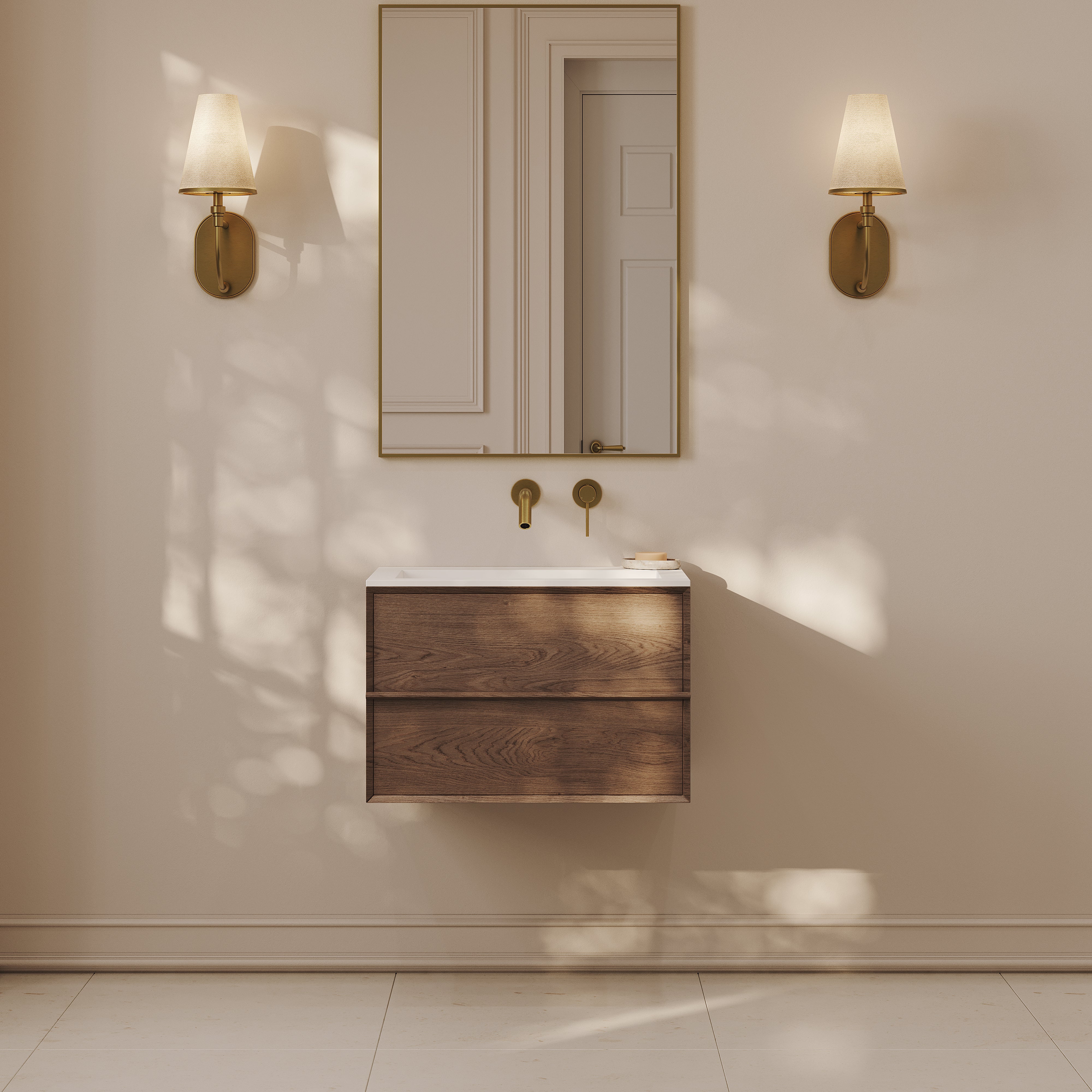 Kingham Vanity Unit with Stone Basin (Walnut 600mm)