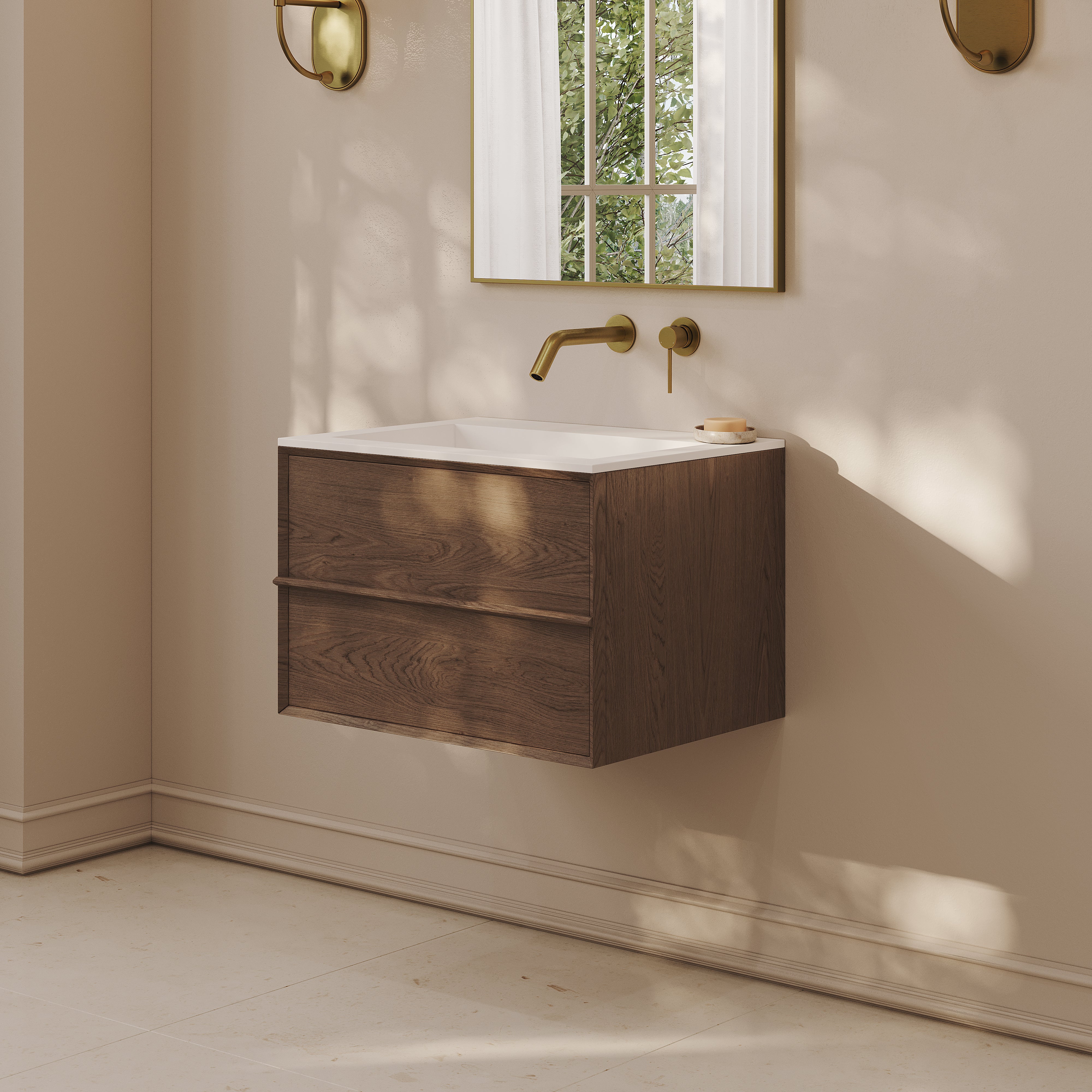 Kingham Vanity Unit with Stone Basin (Walnut 600mm)