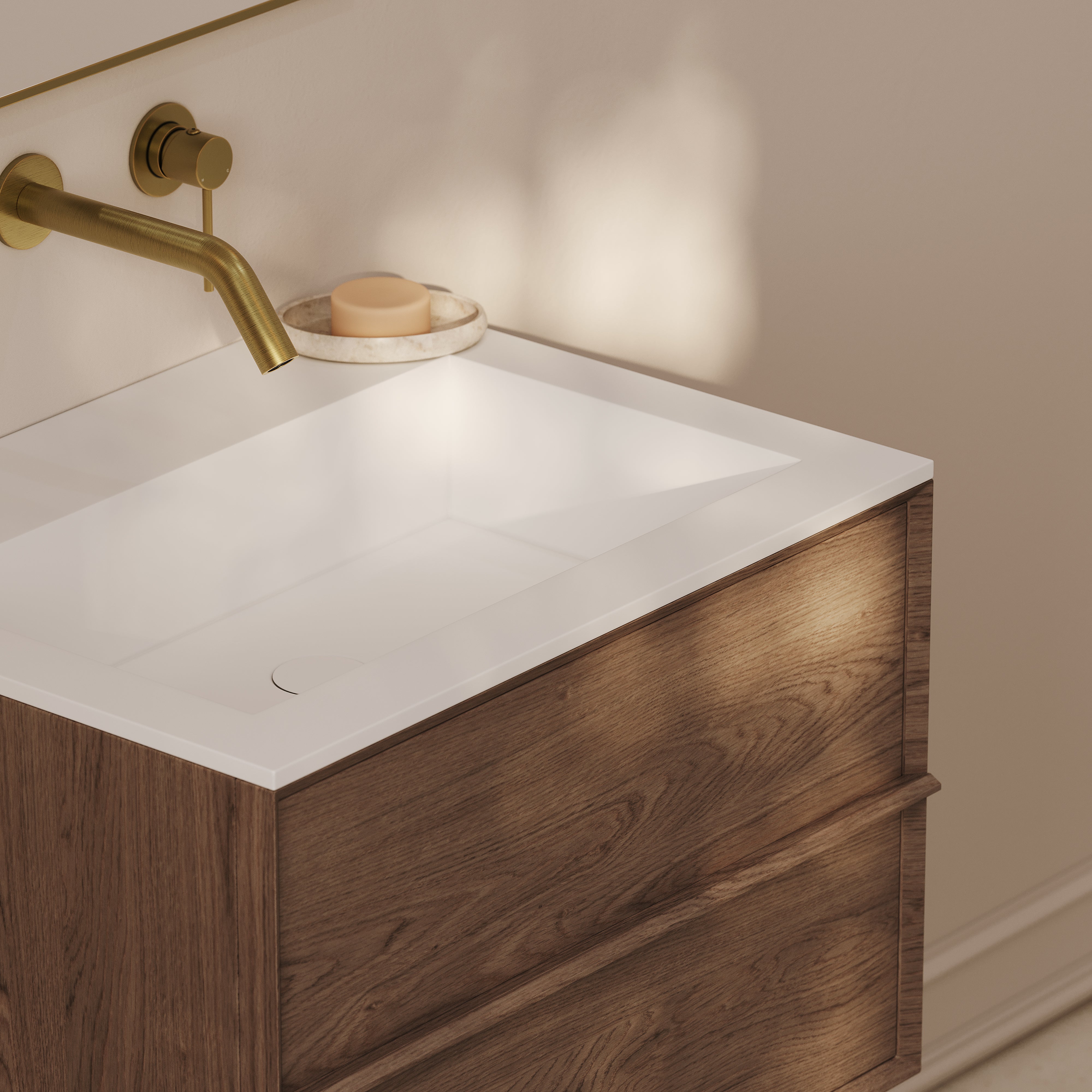 Kingham Vanity Unit with Stone Basin (Walnut 600mm)