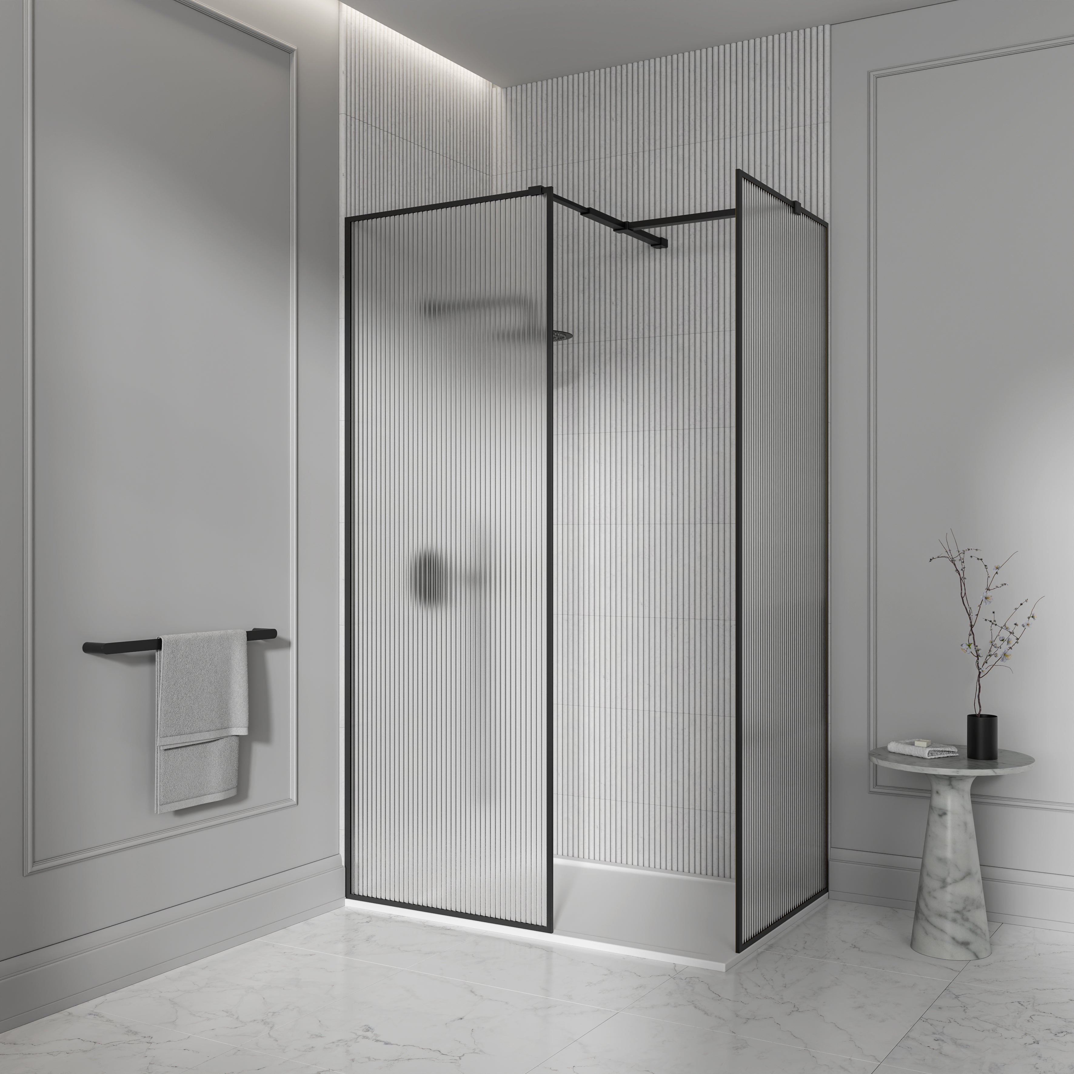 Otley Reeded Complete Walk in Shower Enclosure Matte Black - Kit B