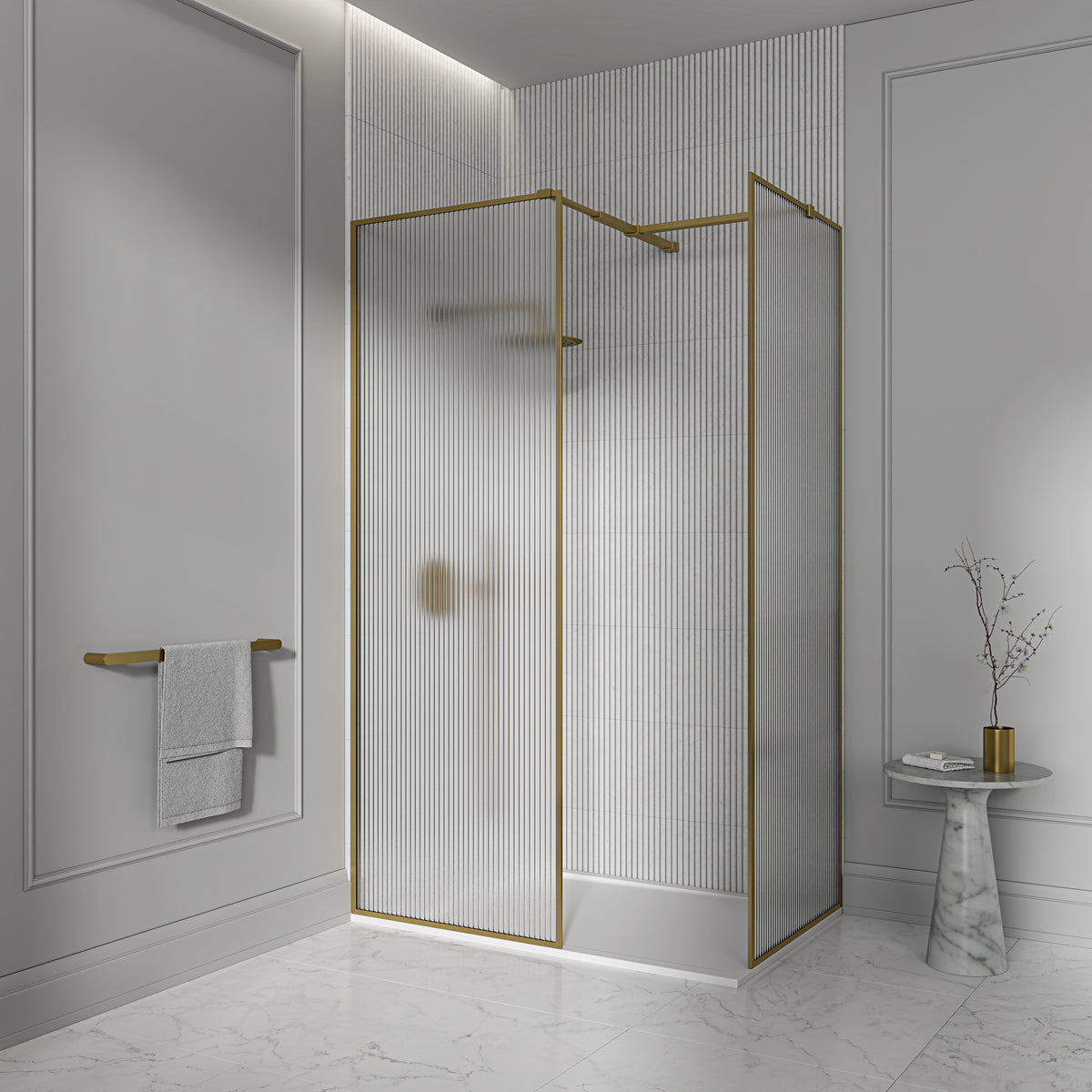 Otley Reeded Complete Walk in Shower Enclosure Brushed Gold - Kit B