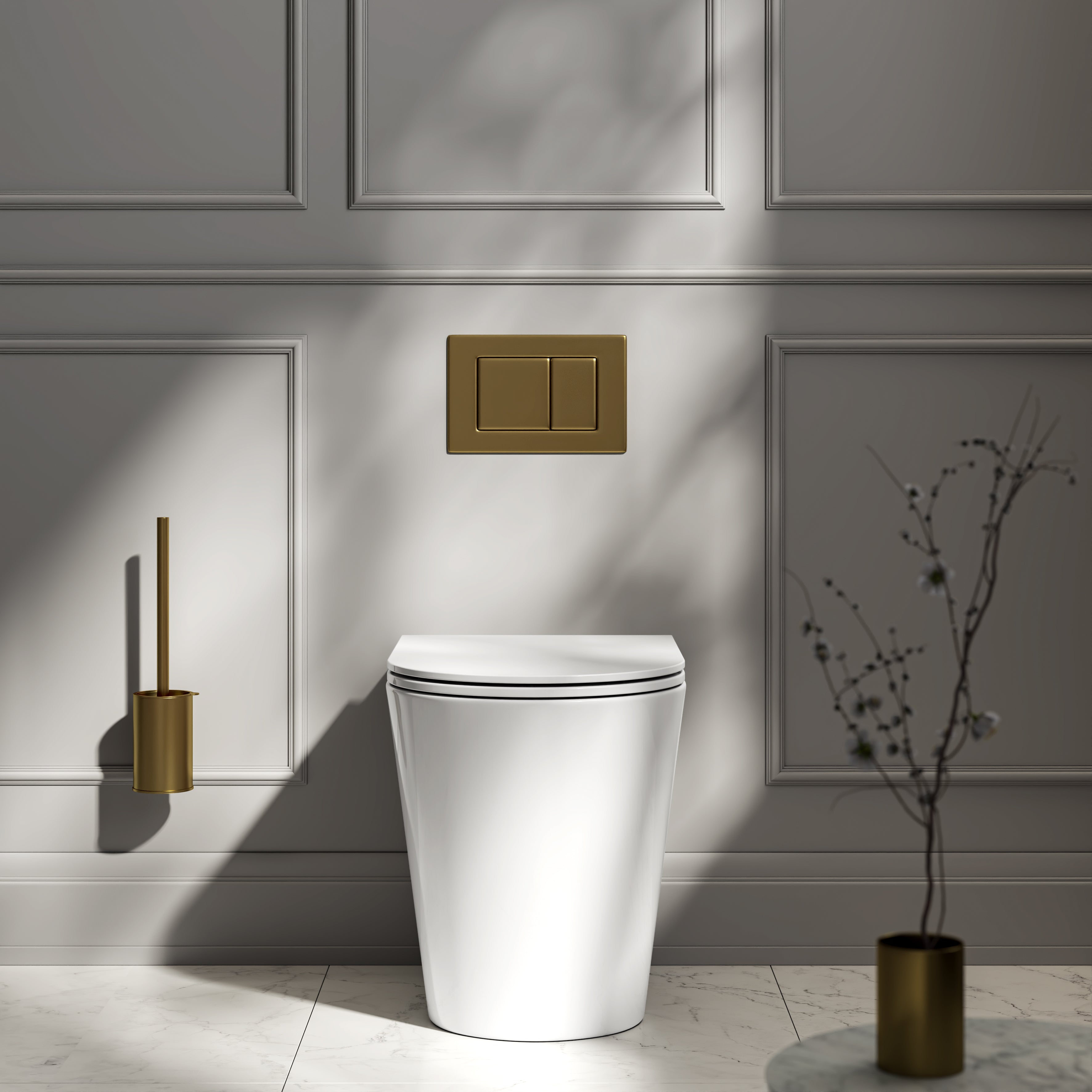 Nuvo Back to Wall Rimless Polished White Toilet with Concealed Cistern & Brushed Gold Flush Plate
