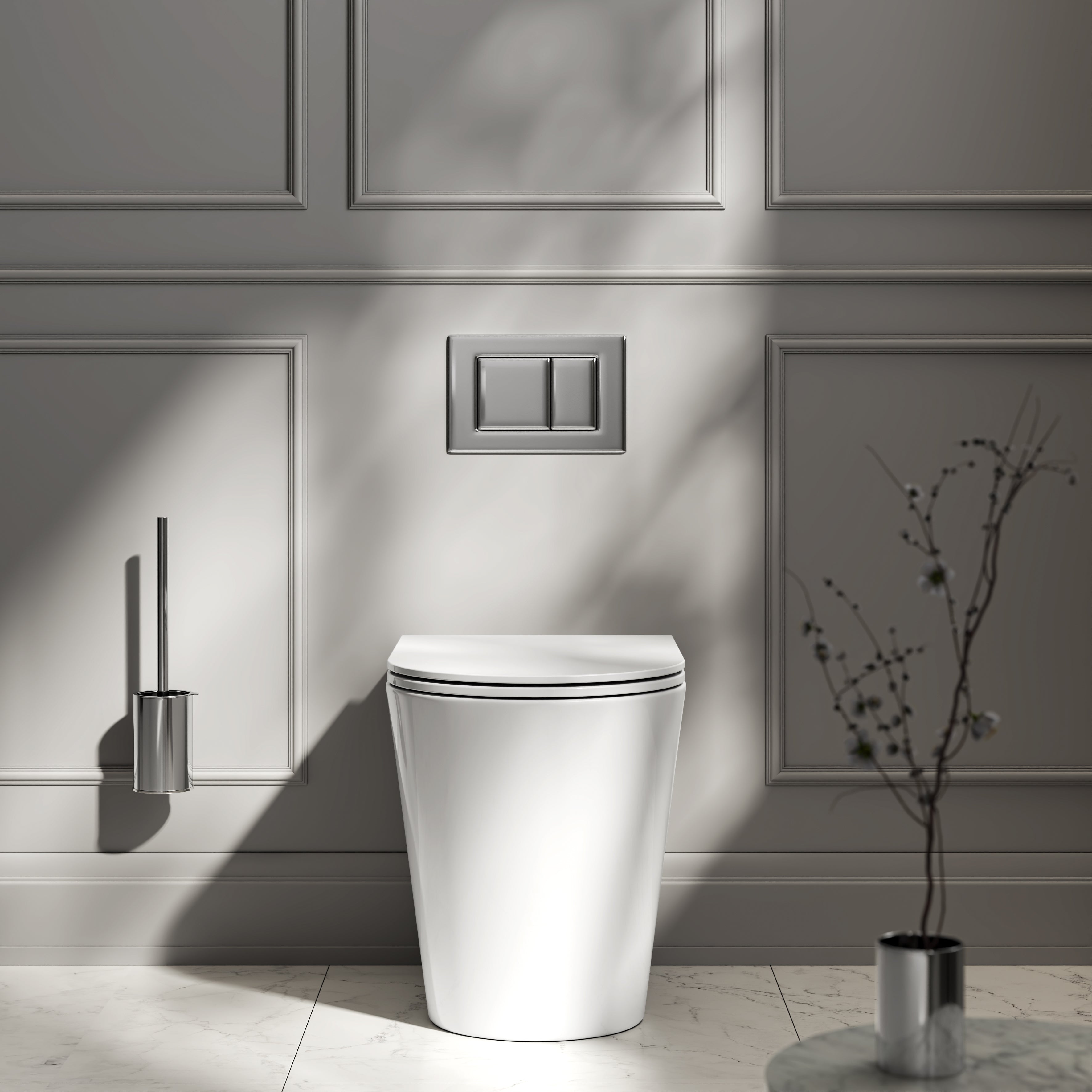 Nuvo Back to Wall Rimless Polished White Toilet with Concealed Cistern & Chrome Flush Plate