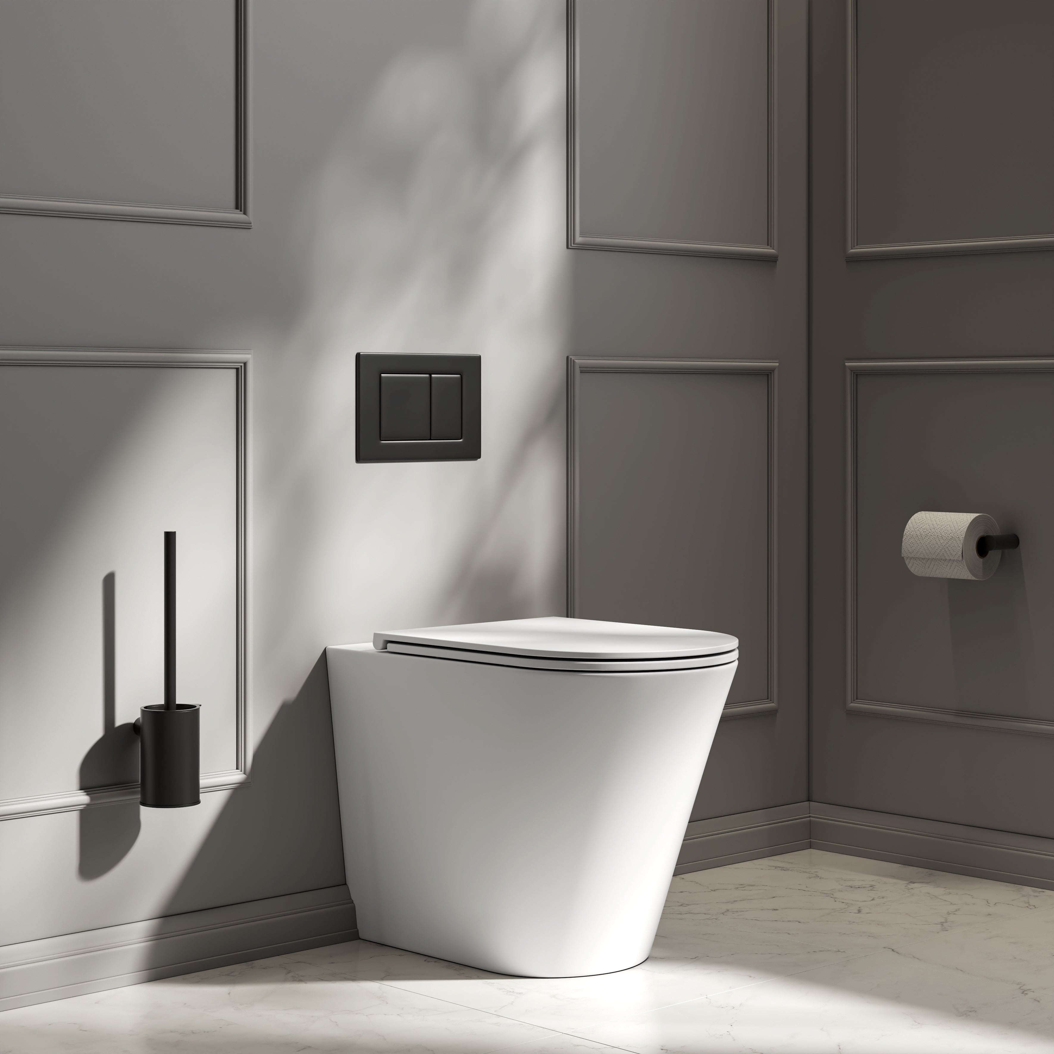 Nuvo Back to Wall Rimless Matte White Toilet with Concealed Cistern & Matte Black Flush Plate