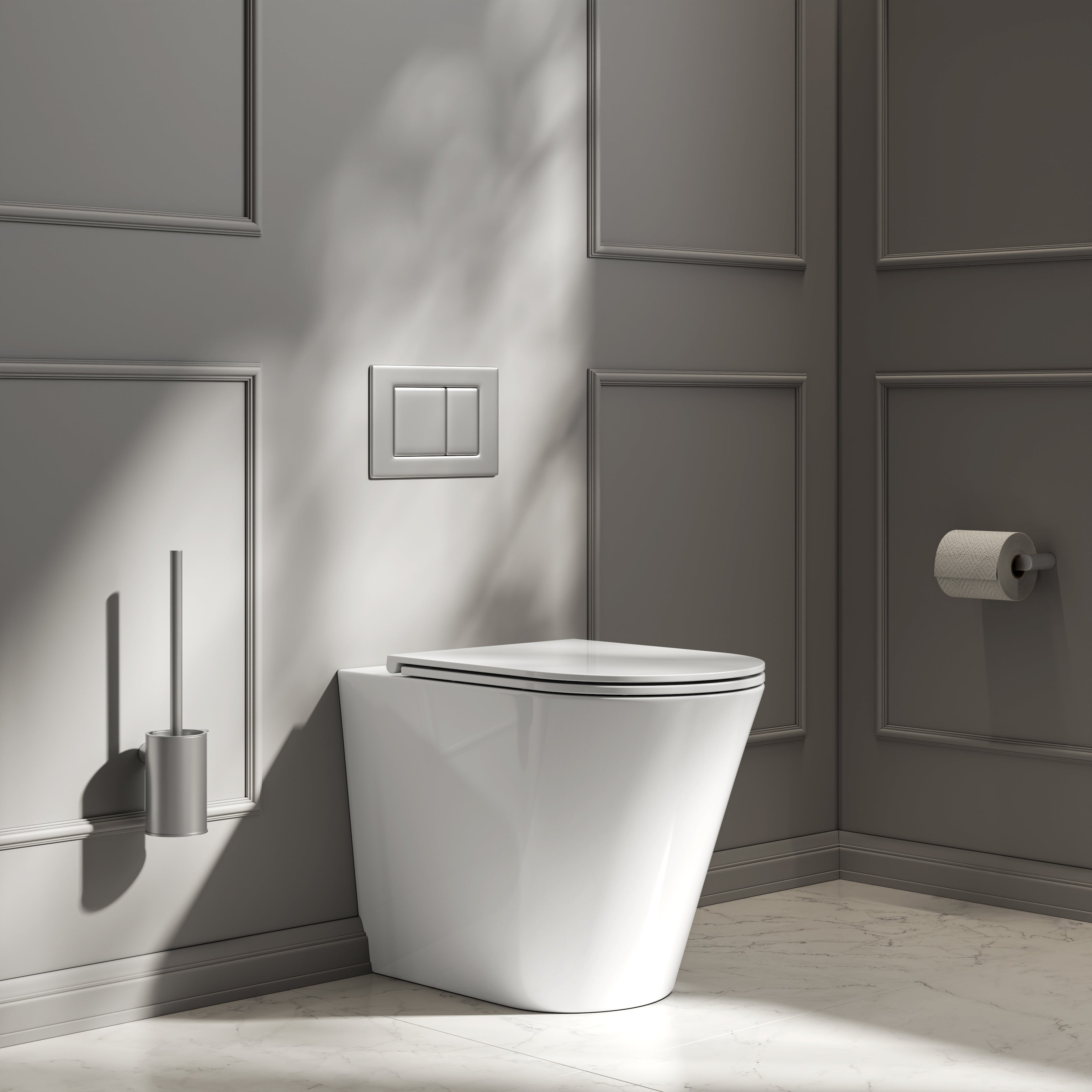 Nuvo Back to Wall Rimless Polished White Toilet & Concealed Cistern & Brushed Stainless Flush Plate