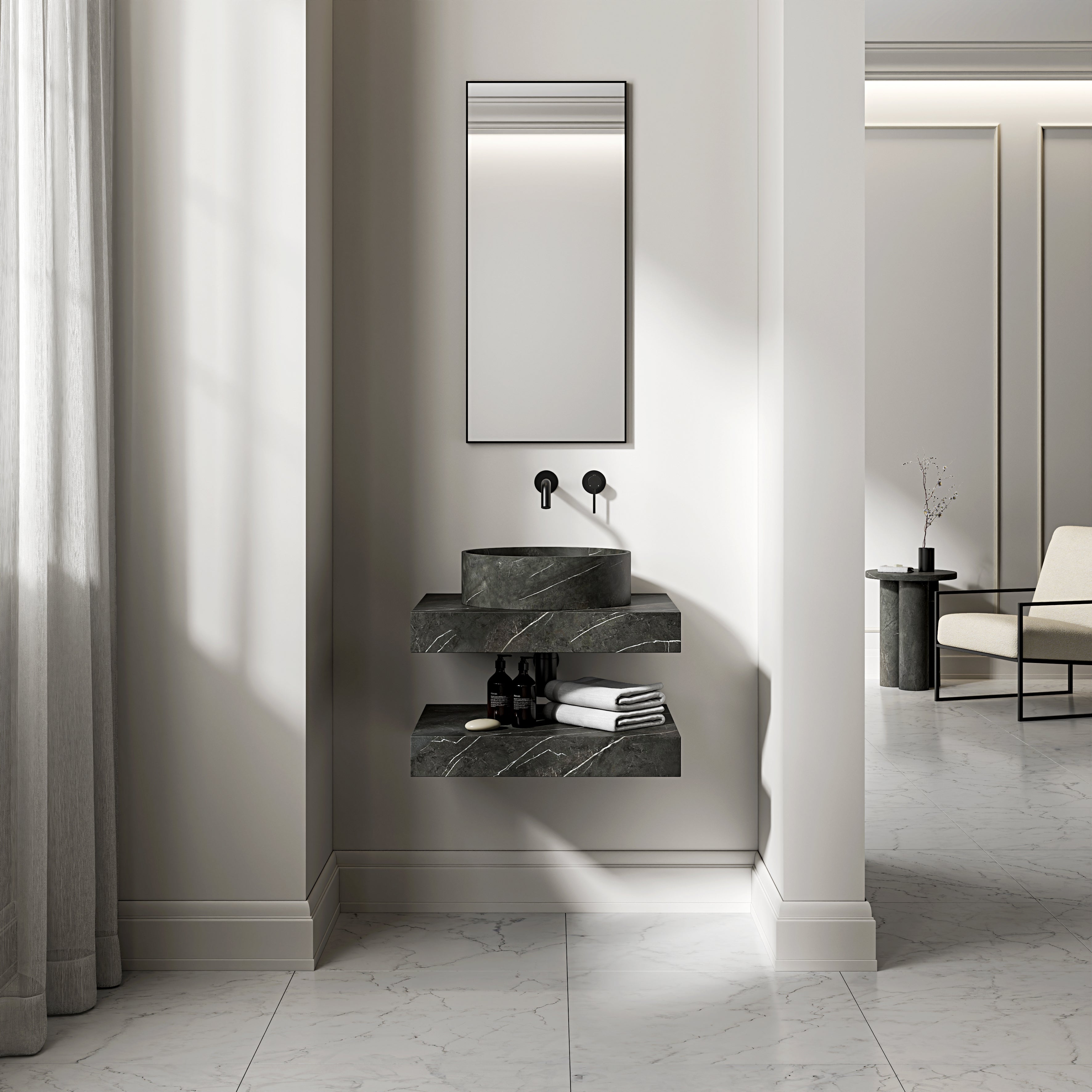 Pietra Grey Marble Wall Hung Countertop Basin Shelf 600mm