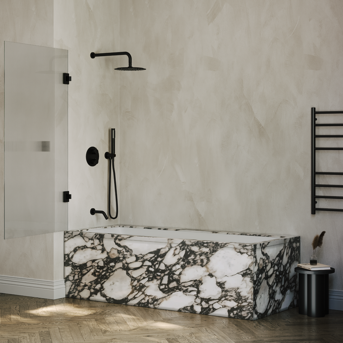 Sterling Reeded Frameless Bath Shower Screen 800mm with Matte Black Hinge
