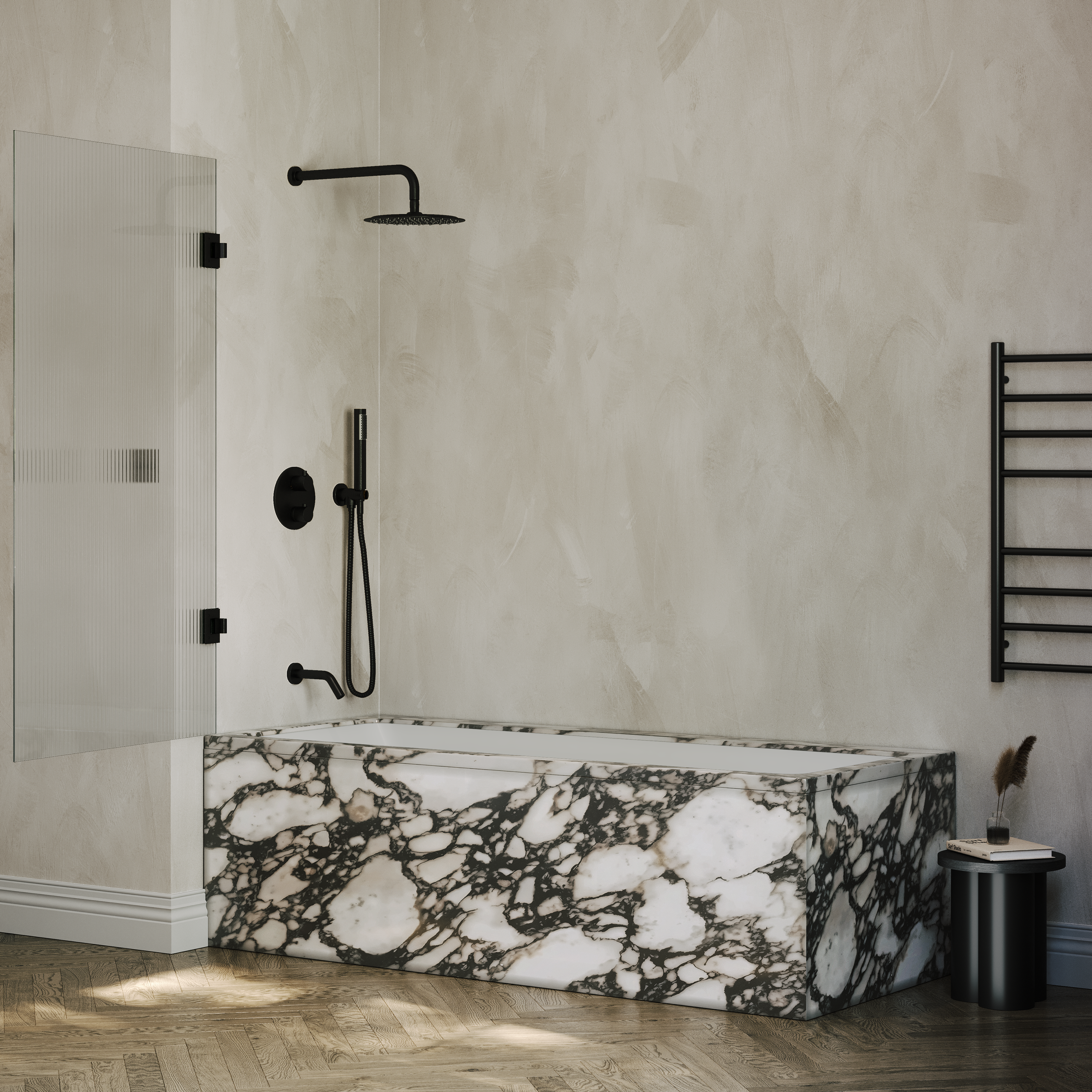 Sterling Reeded Frameless Bath Shower Screen 800mm with Matte Black Hinge