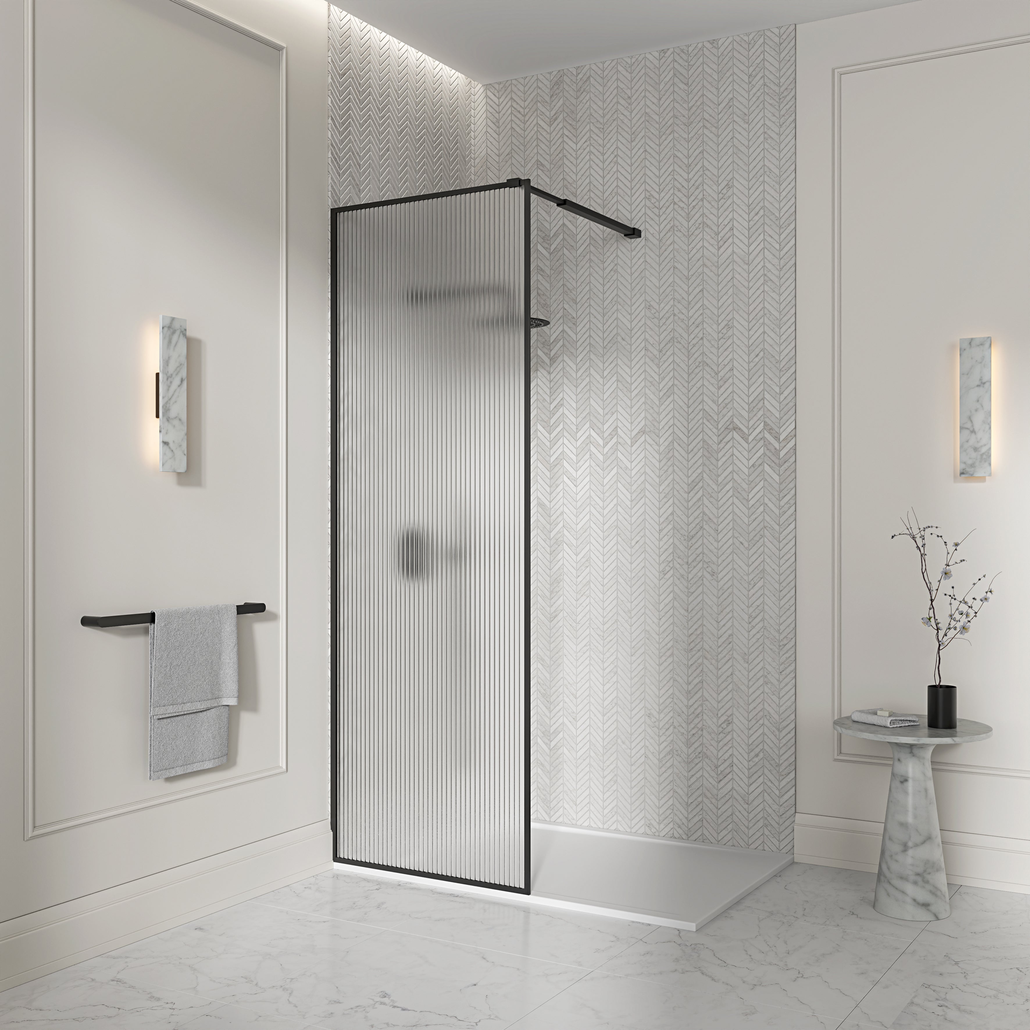 Otley Reeded Glass Matte Black Shower Screen