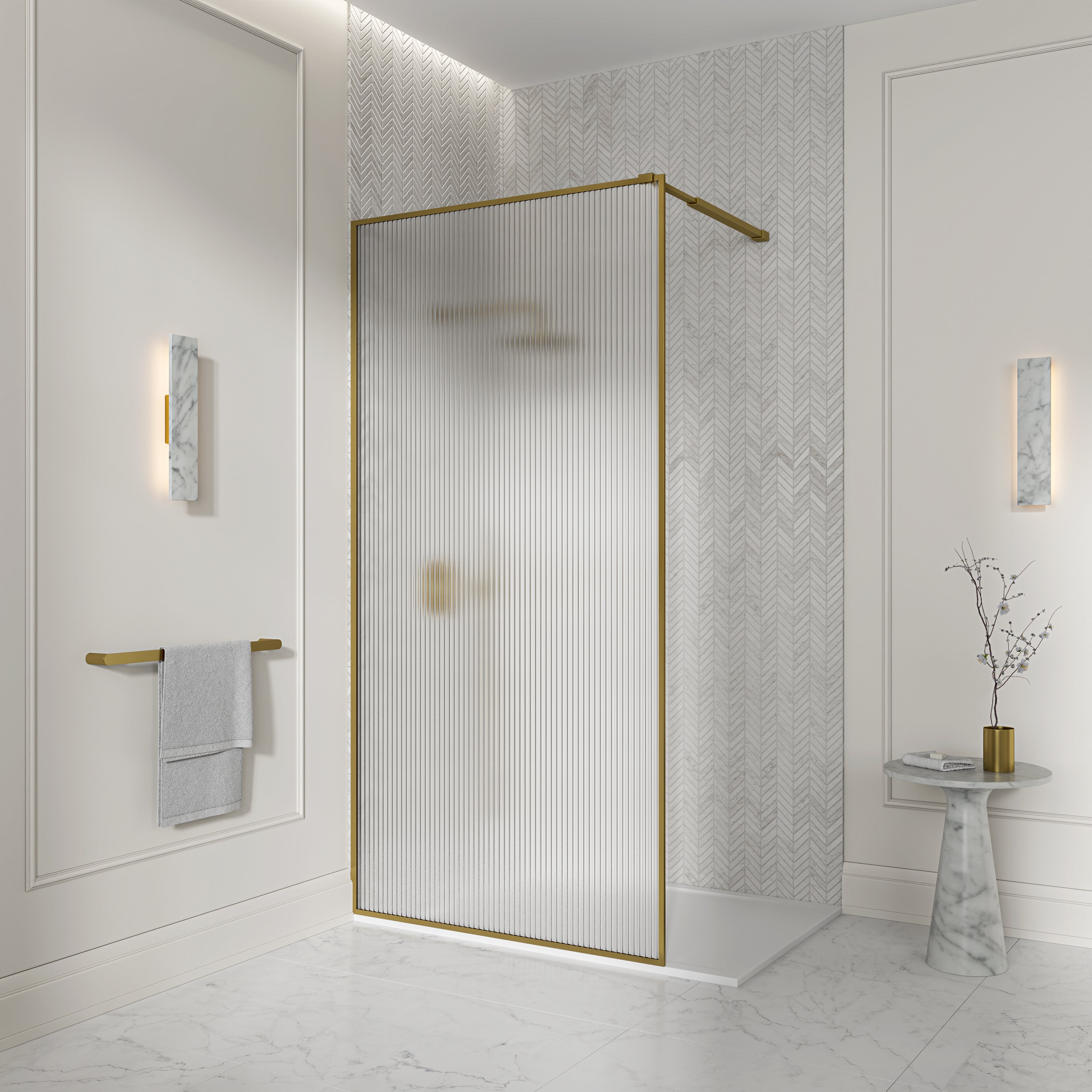 Otley Reeded Glass Brushed Gold Shower Screen