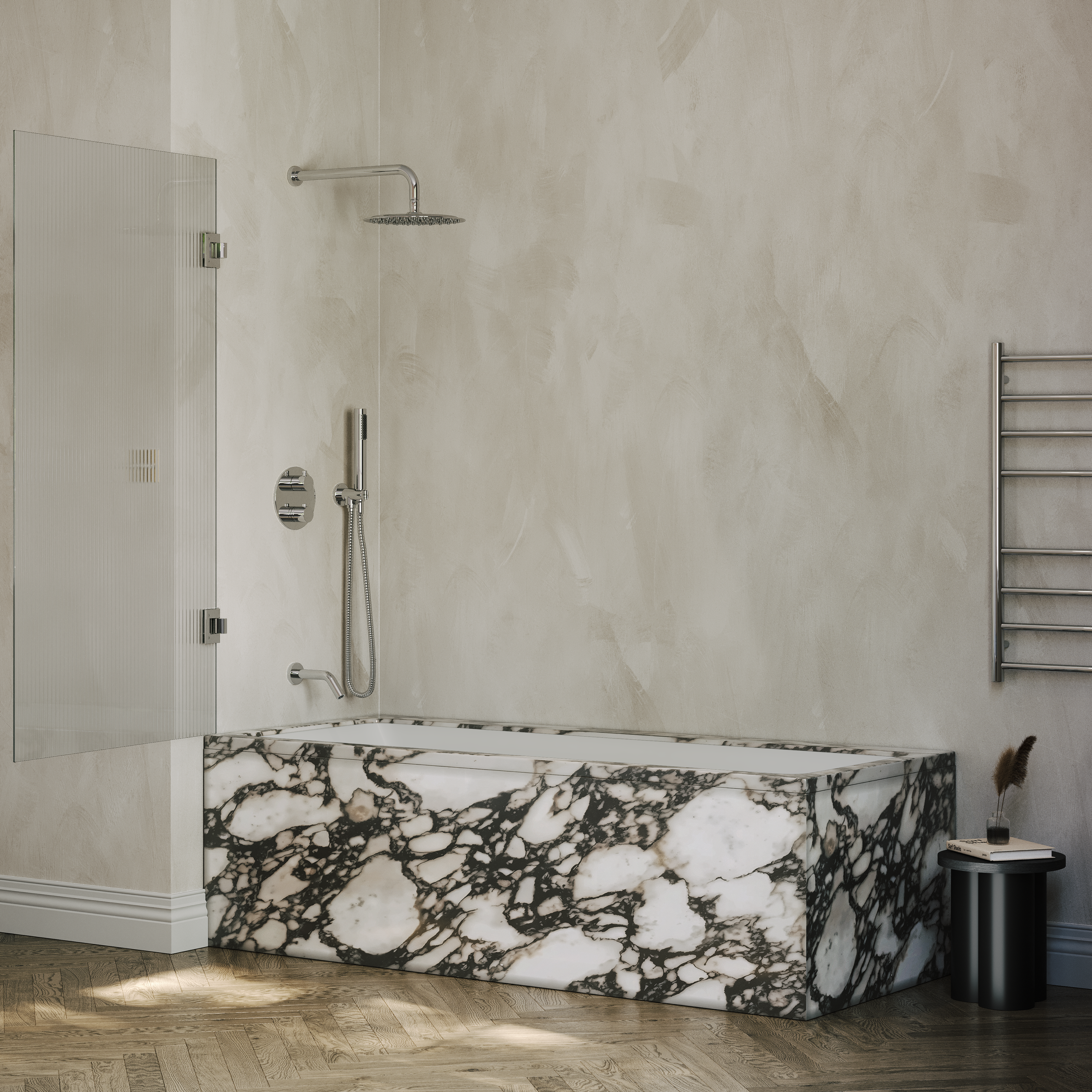 Sterling Reeded Frameless Bath Shower Screen 800mm with Chrome Hinge