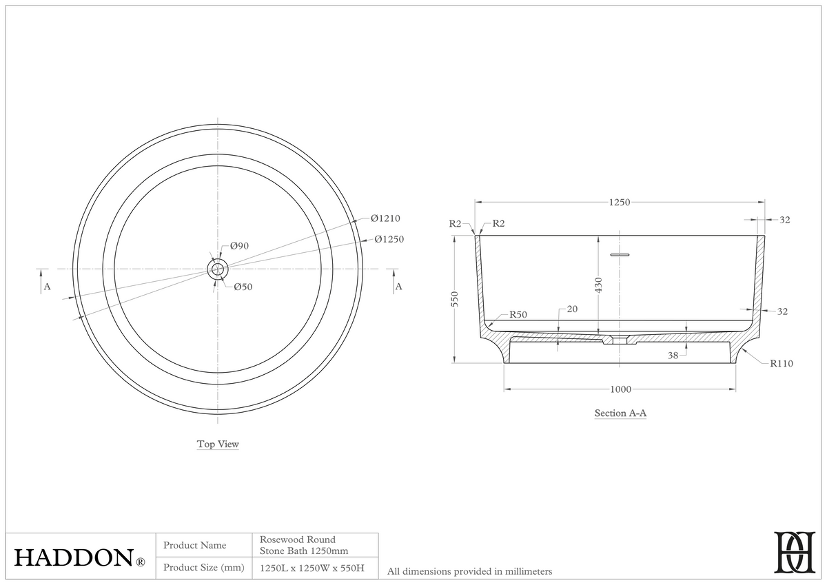 Rosewood White Freestanding Round Stone Bath 1250mm