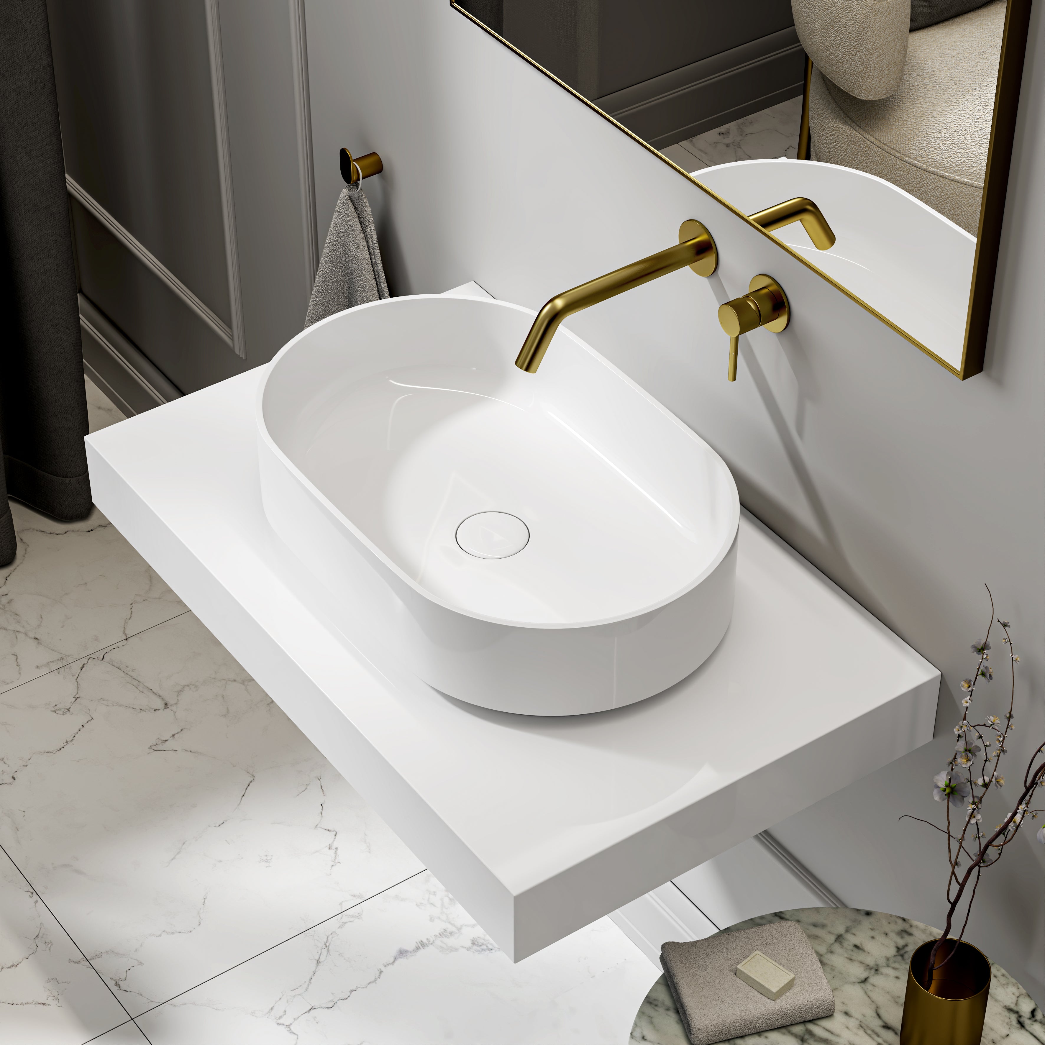 Rowley White Countertop Stone Basin 560mm