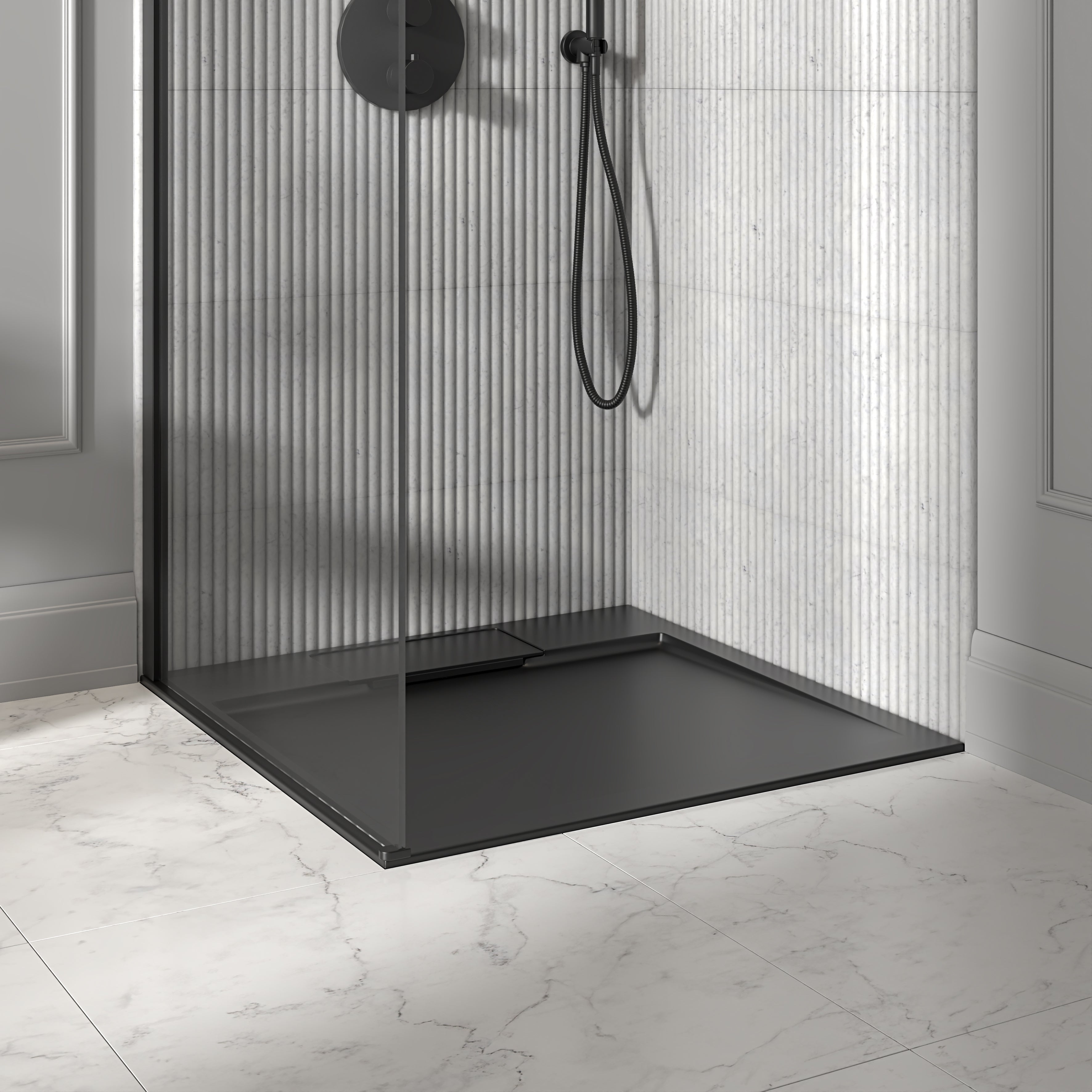 Vida Matte Black Stone Shower Tray & Waste